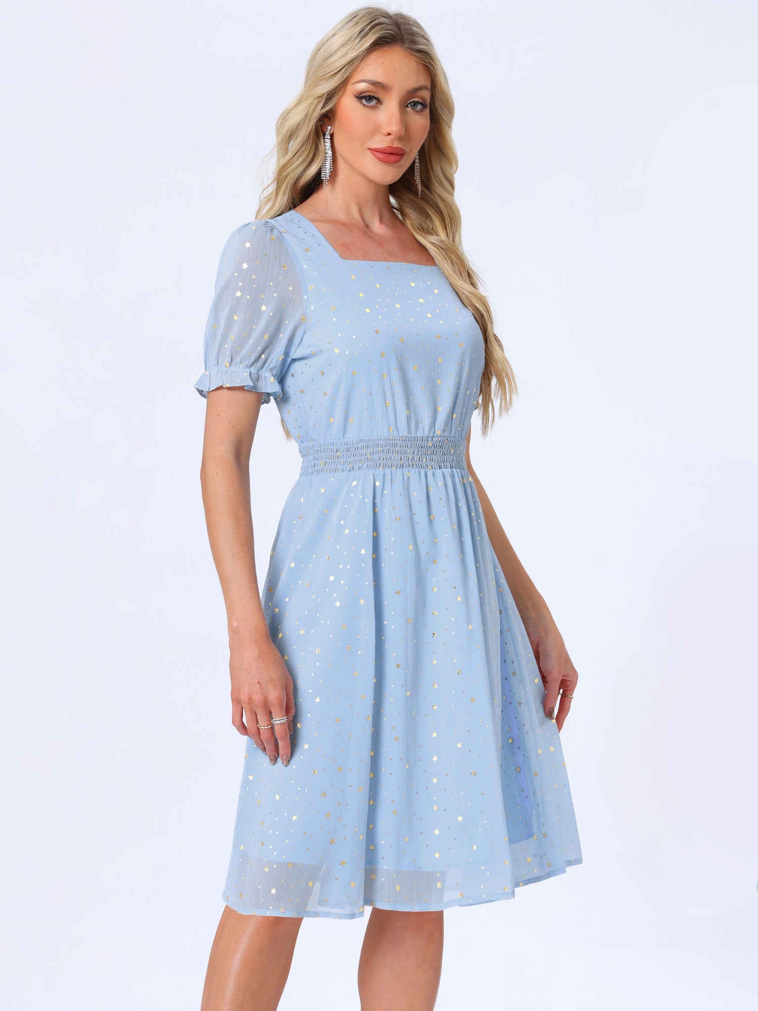 Square Neck Metallic Stars Ruffle Short Sleeve A-Line Smocked Waist Midi Dress