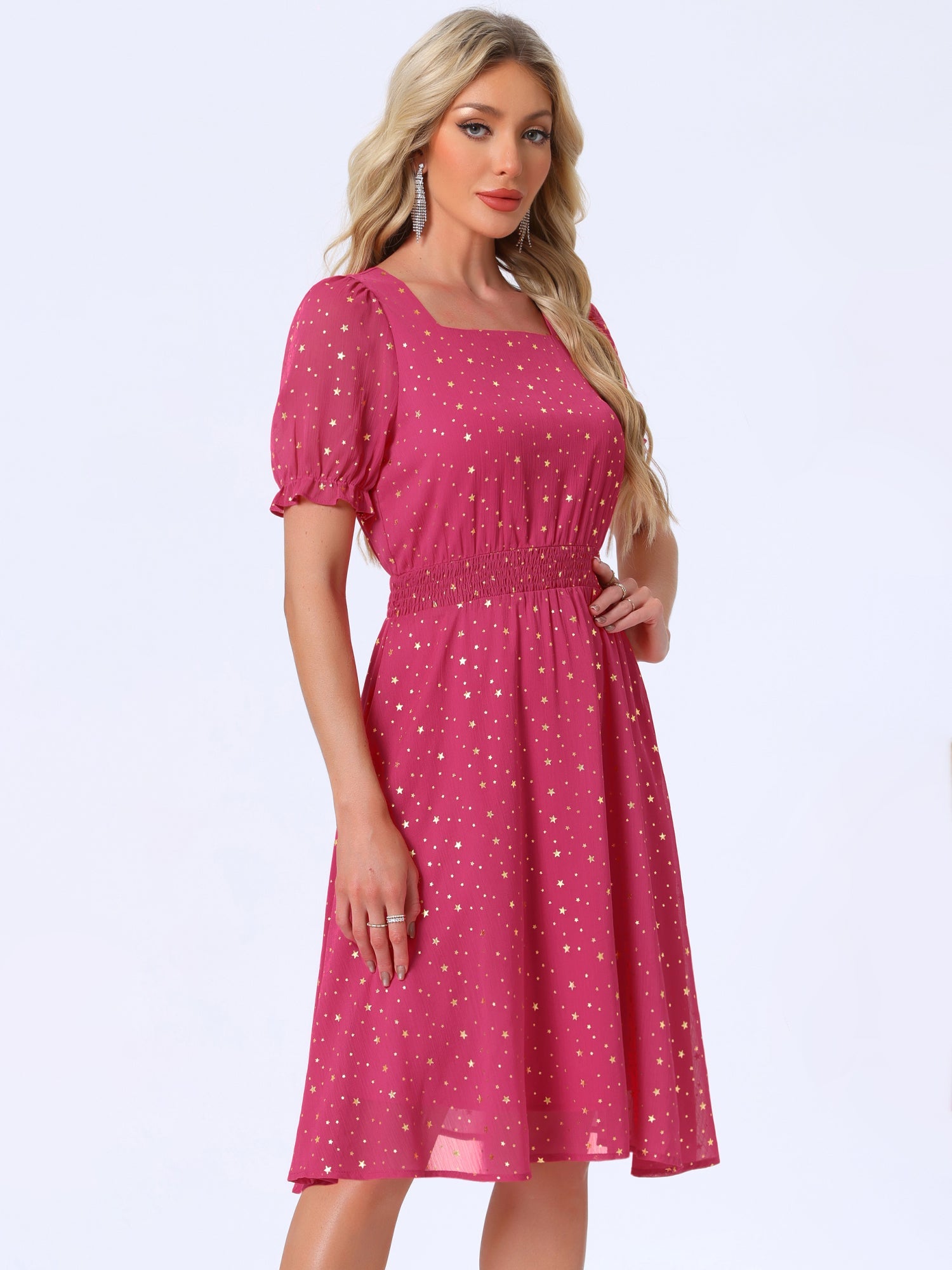Square Neck Metallic Stars Ruffle Short Sleeve A-Line Smocked Waist Midi Dress