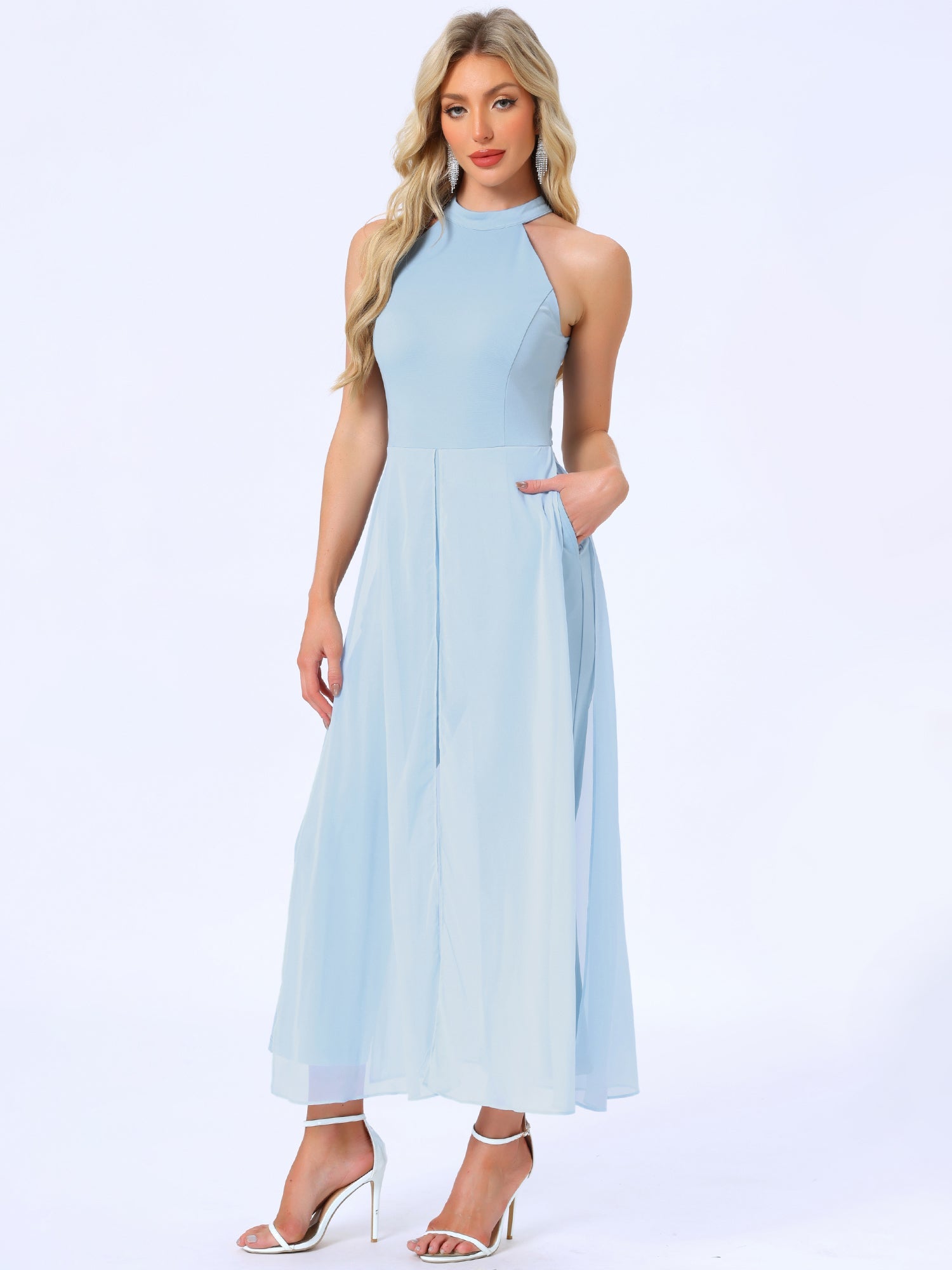 Sleeveless Halter Neck Belted Elegant Wedding Cocktail Dressy Jumpsuits