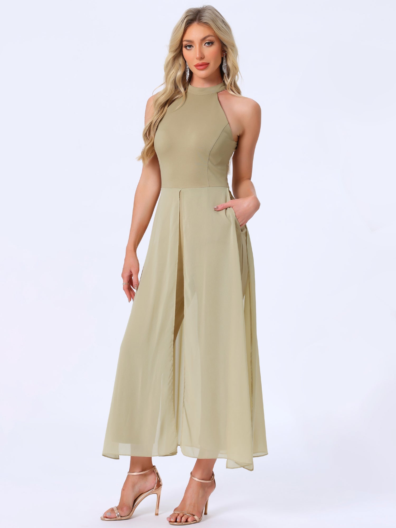 Sleeveless Halter Neck Belted Elegant Wedding Cocktail Dressy Jumpsuits