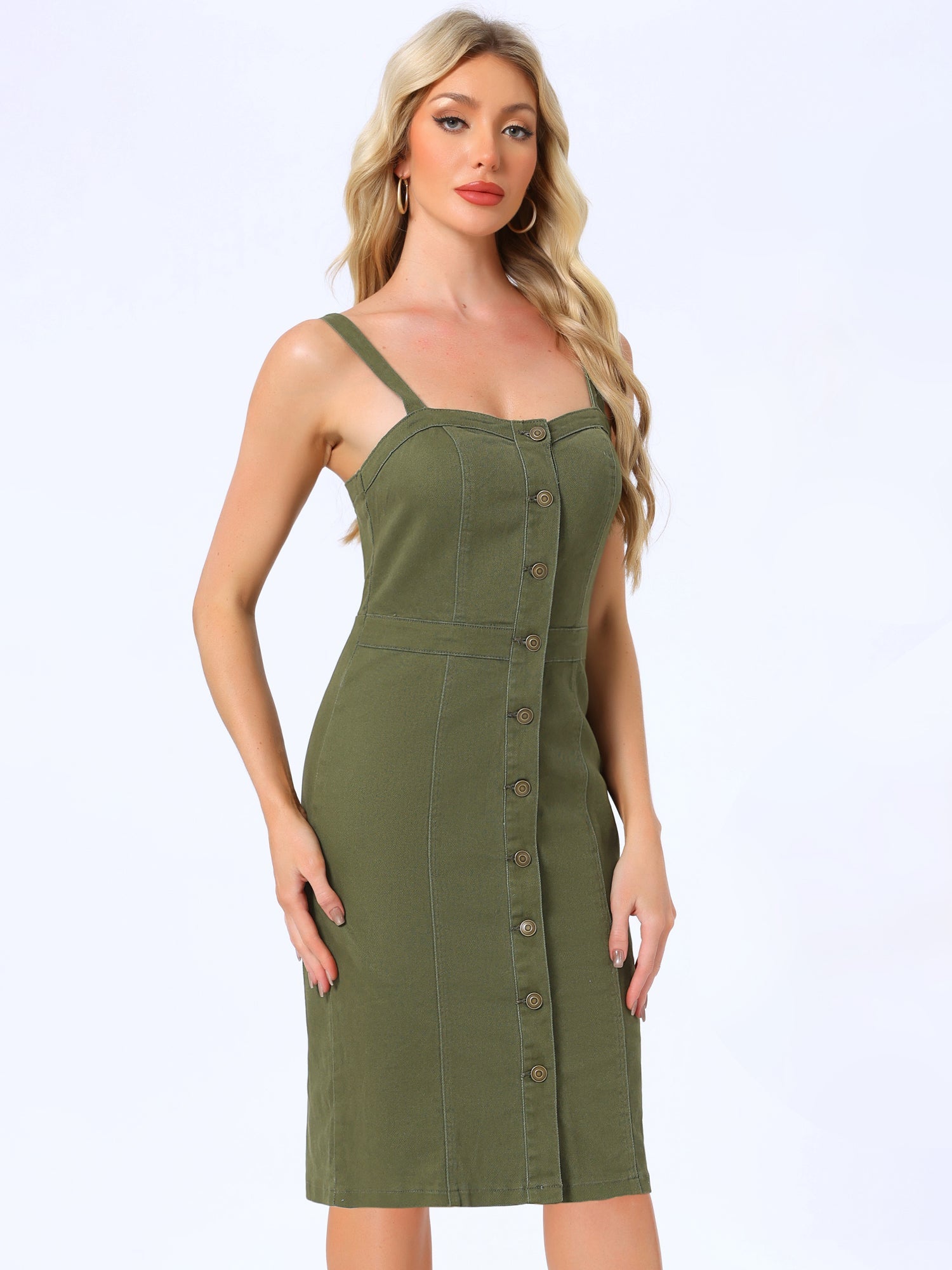 Button Down Denim Sleeveless Sweetheart Neck Jeans Dress
