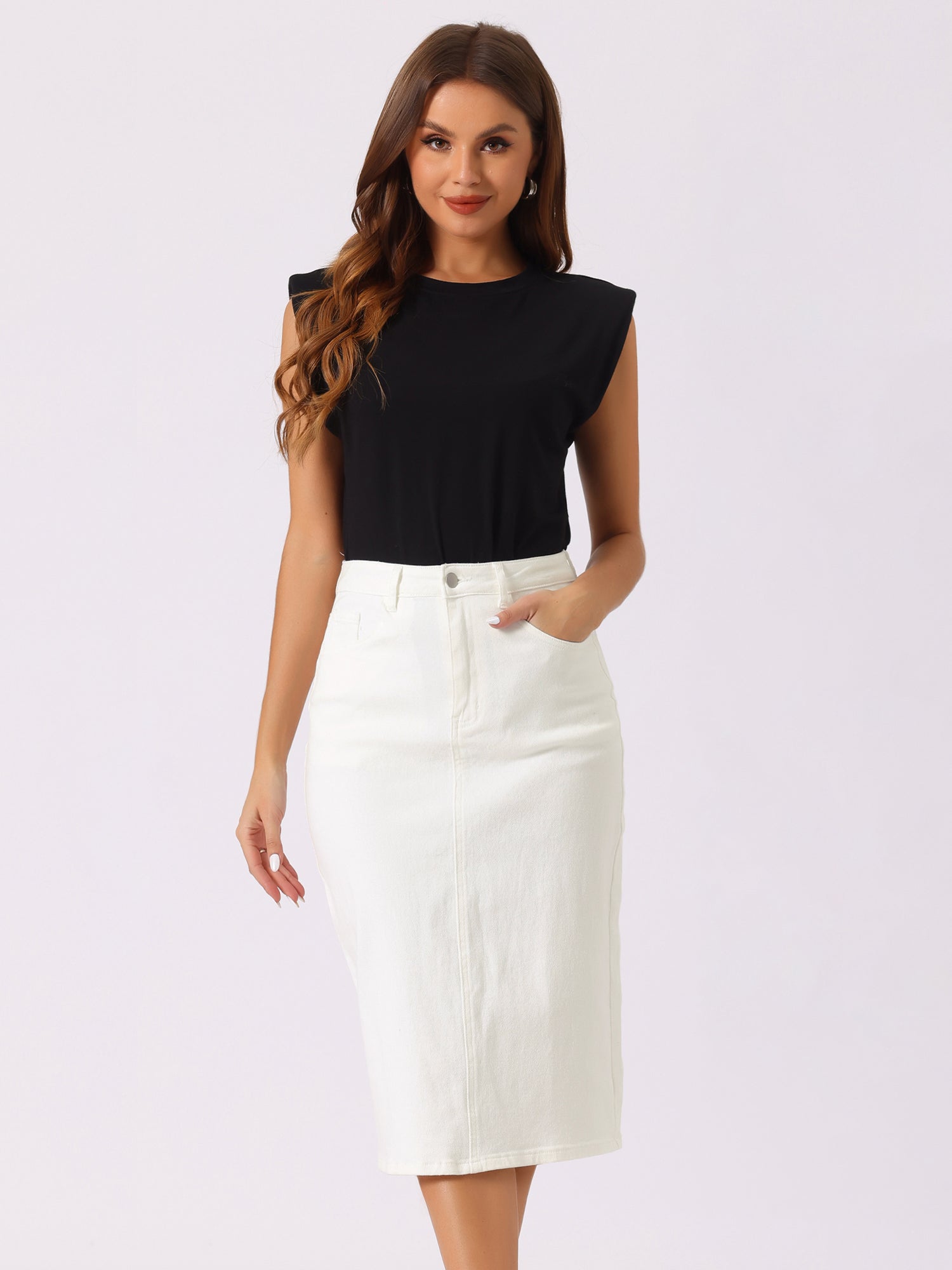 Casual Denim High Waist Stretchy Midi Pencil Jean Skirt