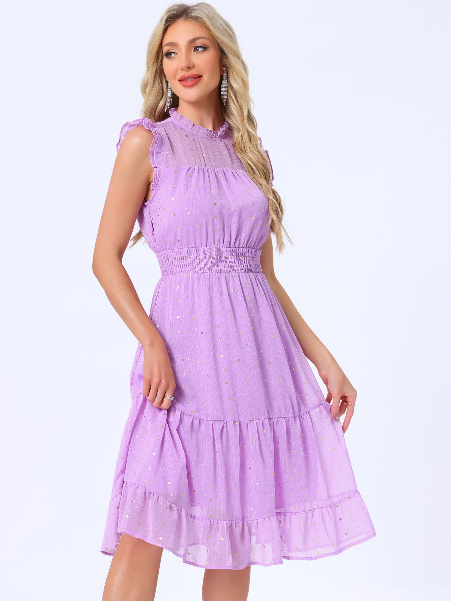 Chiffon Sleeveless Smocked Waist Gilding Metallic Stars Party Dress