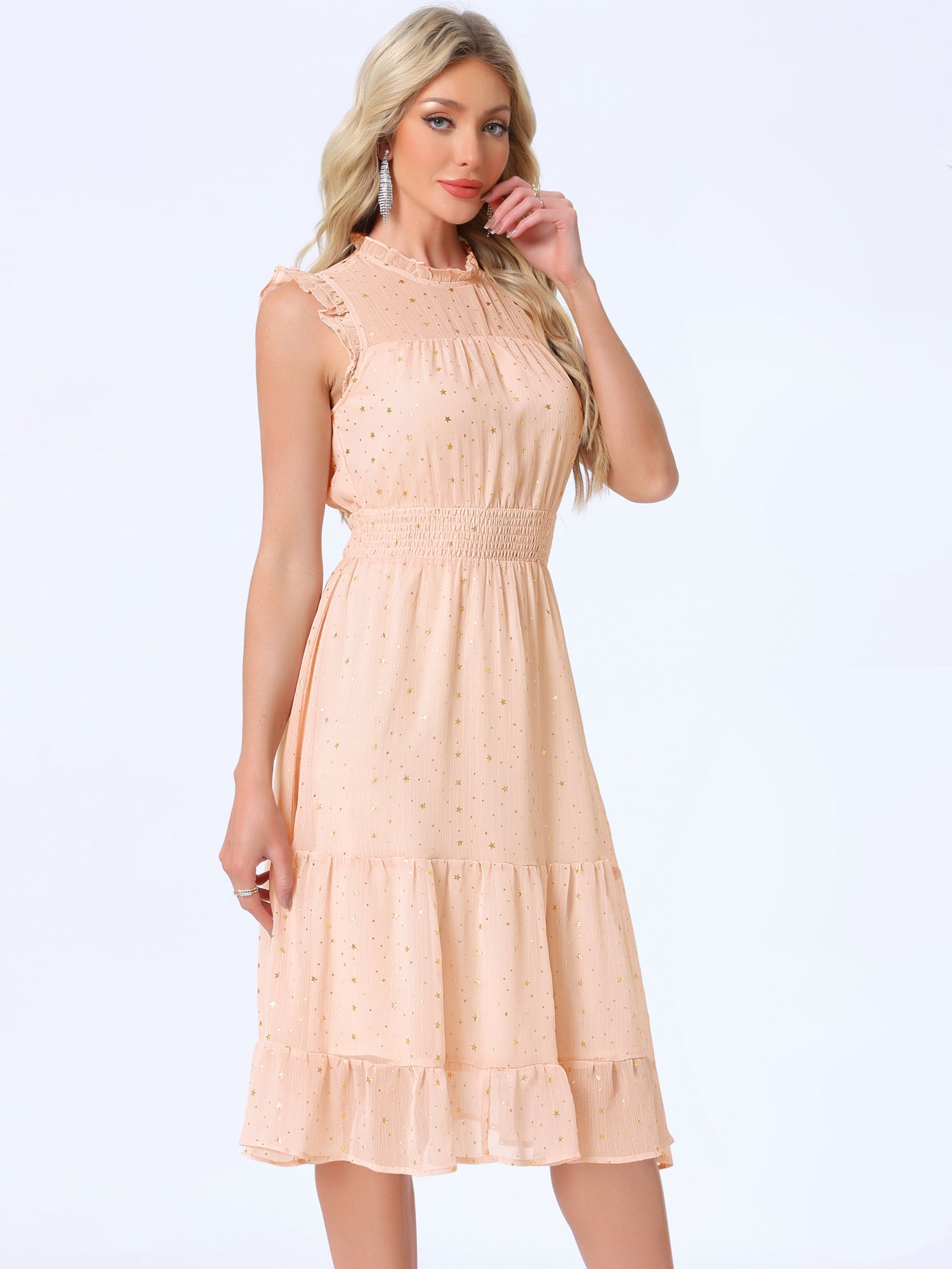Chiffon Sleeveless Smocked Waist Gilding Metallic Stars Party Dress