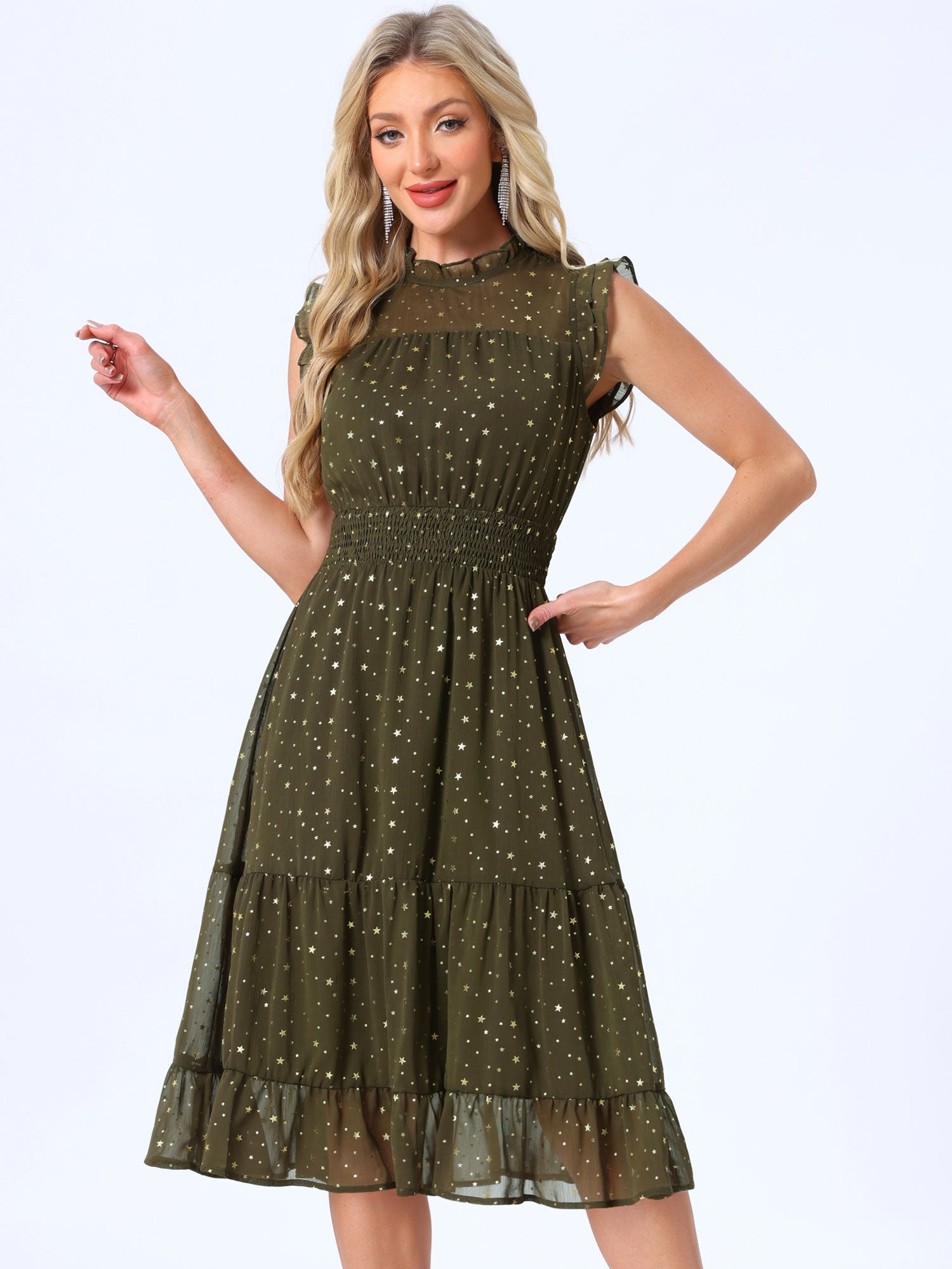 Chiffon Sleeveless Smocked Waist Gilding Metallic Stars Party Dress