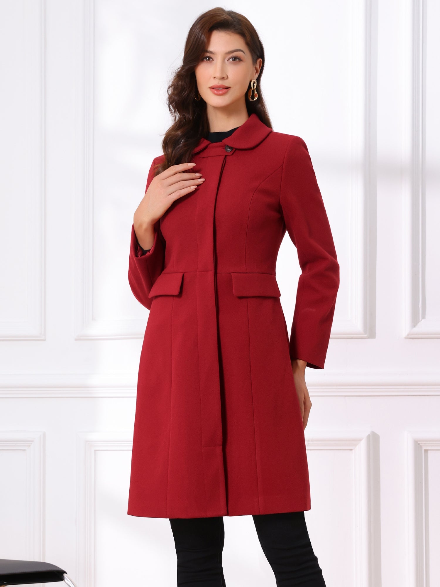 Peter Pan Collar Button Down Long Sleeve Pockets Long Winter Coat