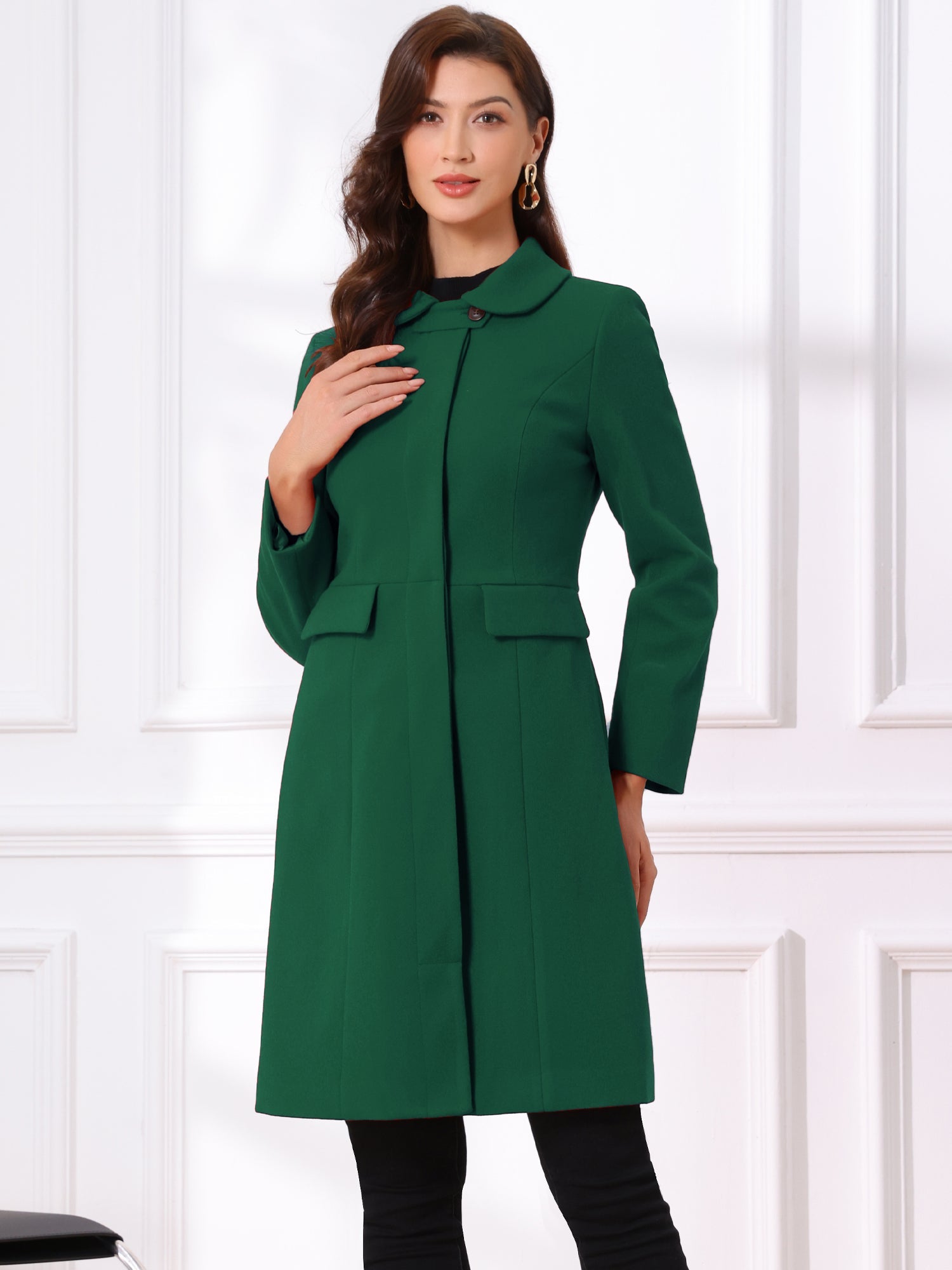 Peter Pan Collar Button Down Long Sleeve Pockets Long Winter Coat