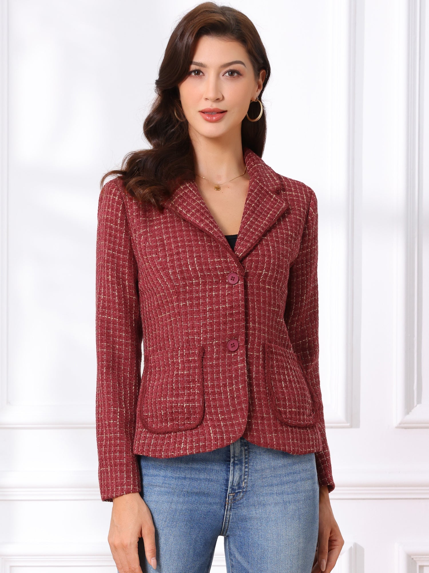 Plaid Tweed Notched Lapel Button Long Sleeve Blazer Jackets