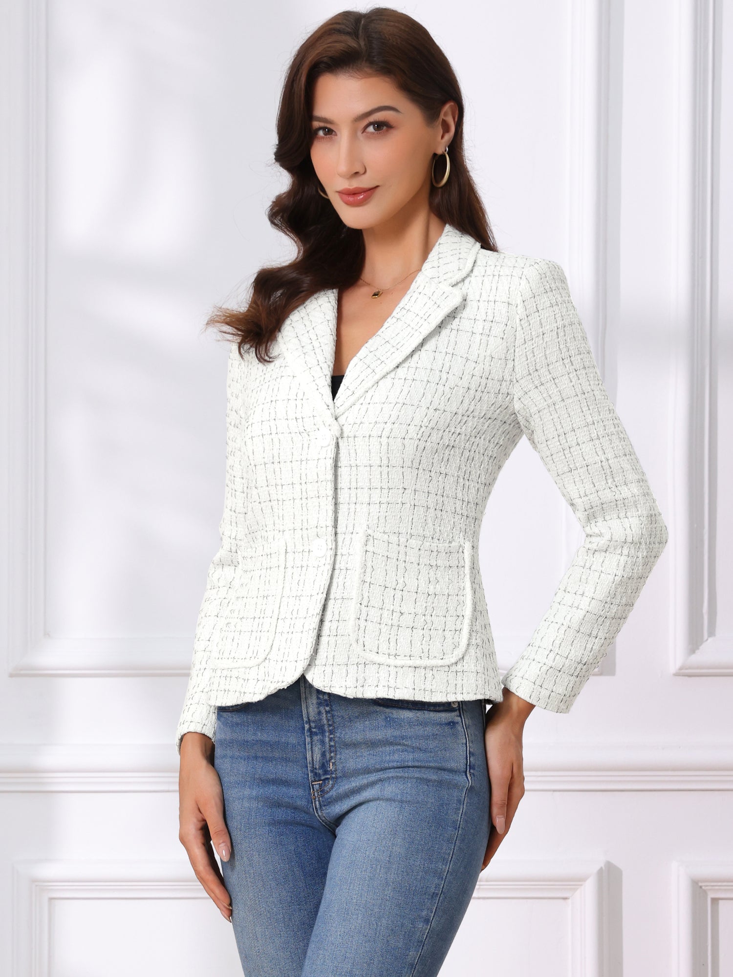 Plaid Tweed Notched Lapel Button Long Sleeve Blazer Jackets