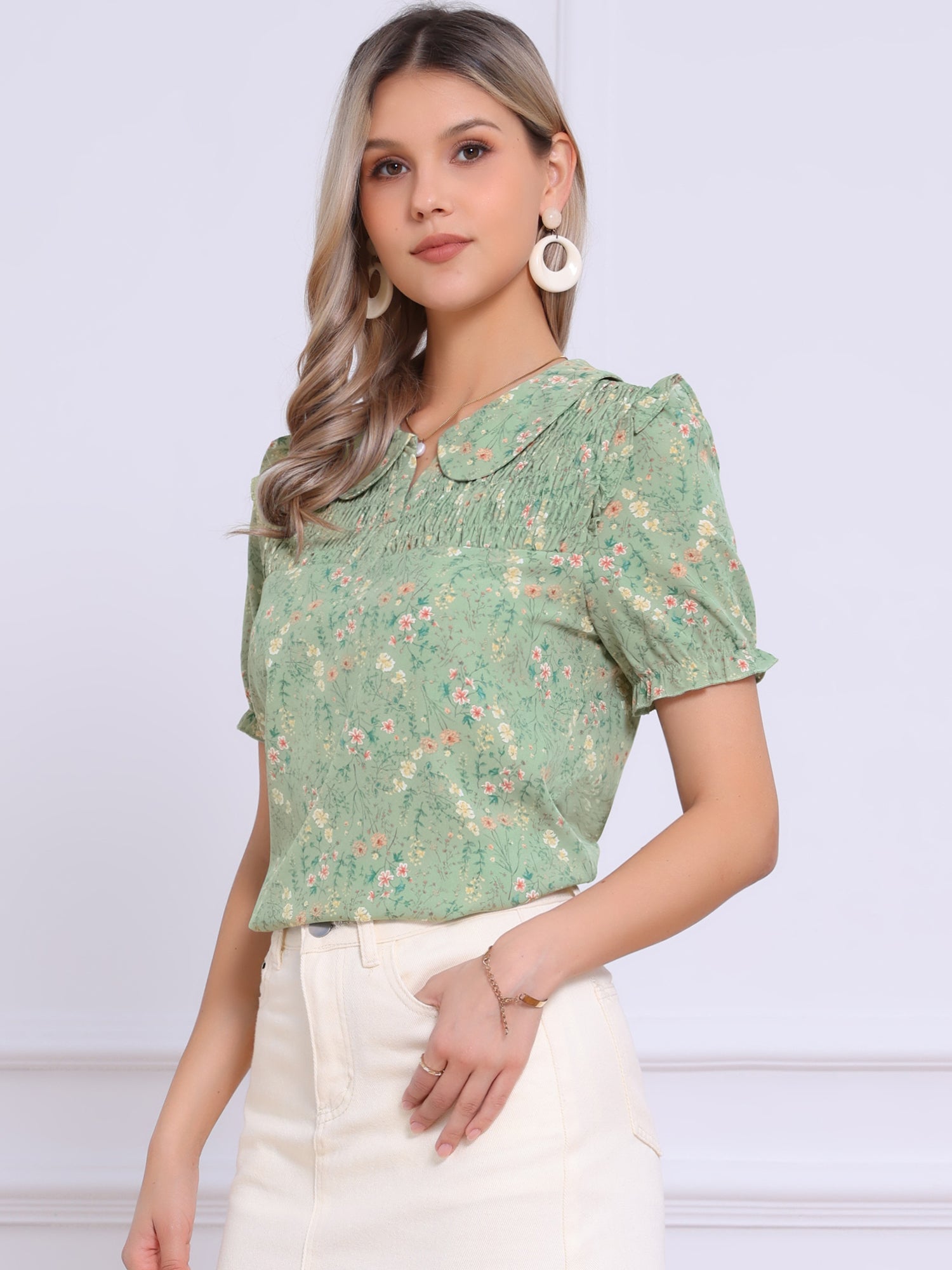 Peter Pan Collar Puff Short Sleeve Ruffle Smocked Floral Blouse