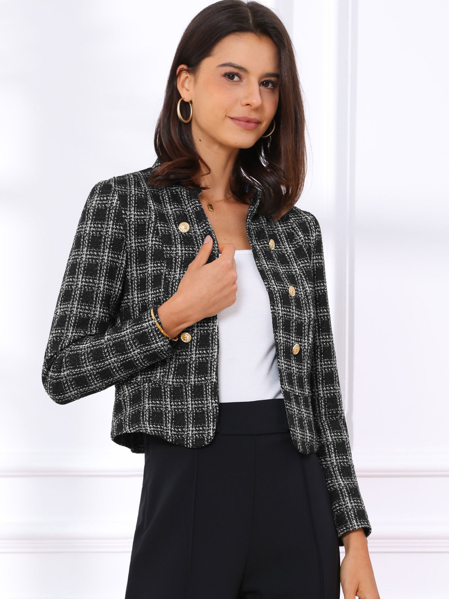 Vintage Tweed Plaid Slim Fit Work Office Cropped Jacket