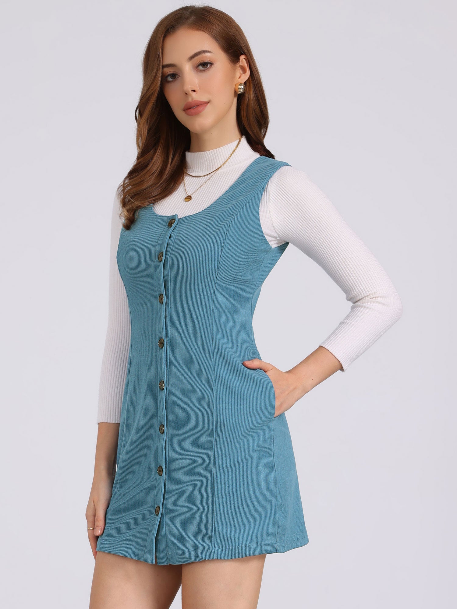 Corduroy Overall Scoop Neck Sleeveless Button Pinefore Dress