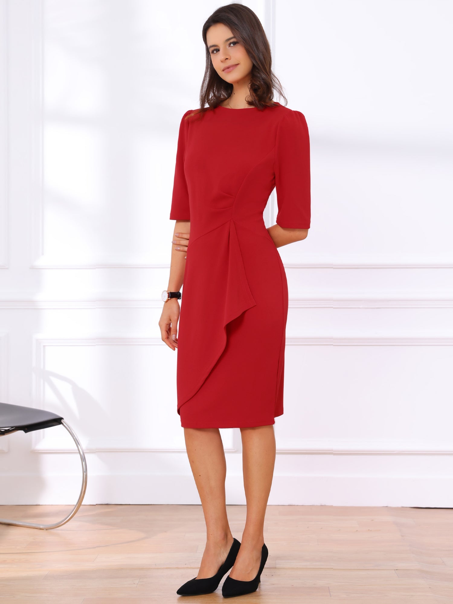 Ruched Puff Short Sleeve Work Sheath Midi Dress