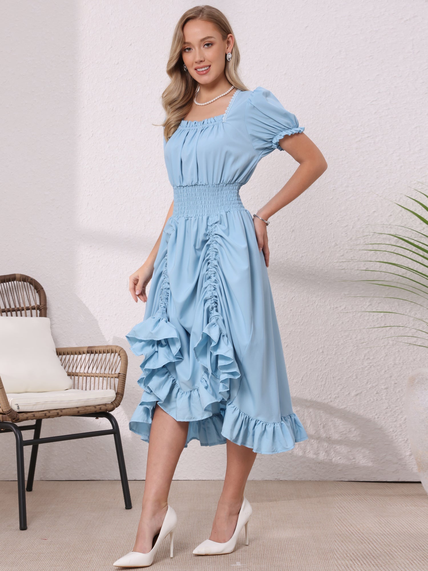 Renaissance Costume Smocked Waist Ruffle Midi Victorian Dress