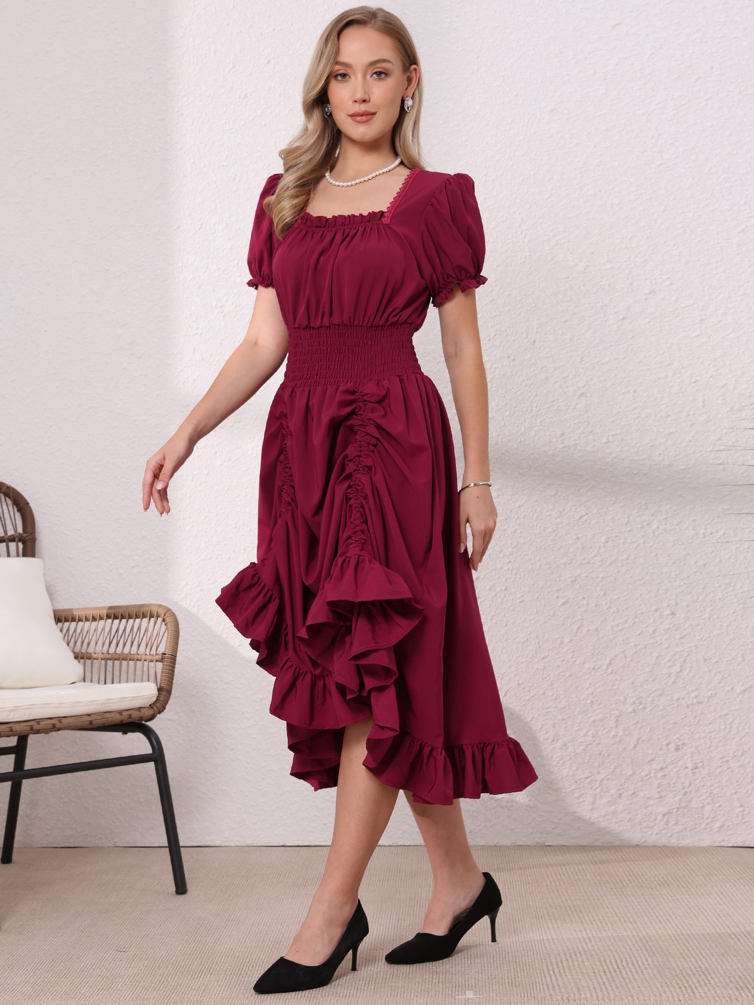 Renaissance Costume Smocked Waist Ruffle Midi Victorian Dress