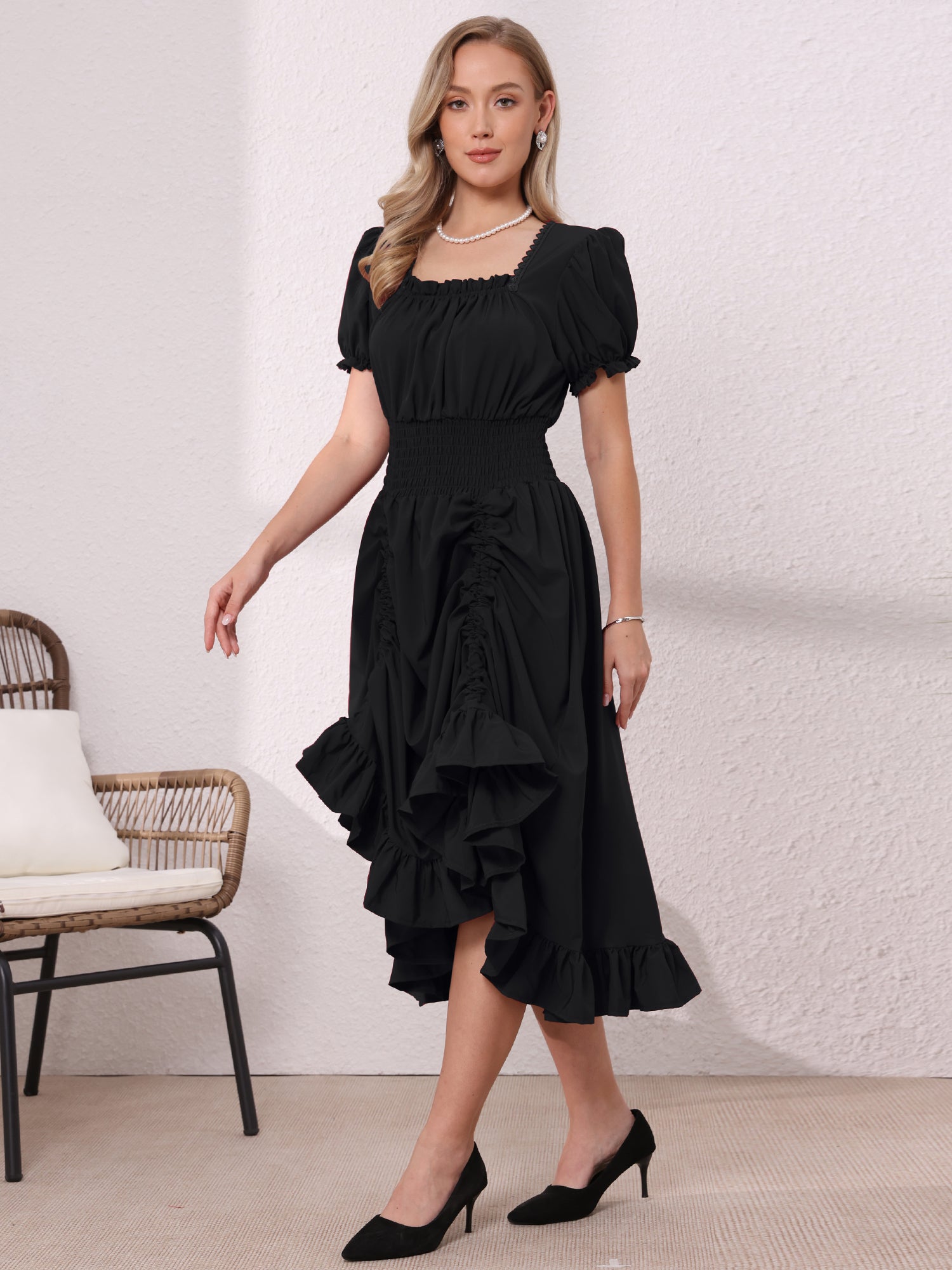 Renaissance Costume Smocked Waist Ruffle Midi Victorian Dress