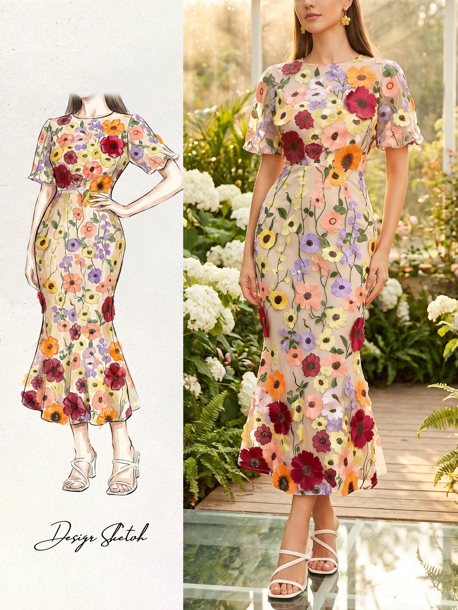 Flower Embroidery Short Sleeve Bodycon Fishtail Dress
