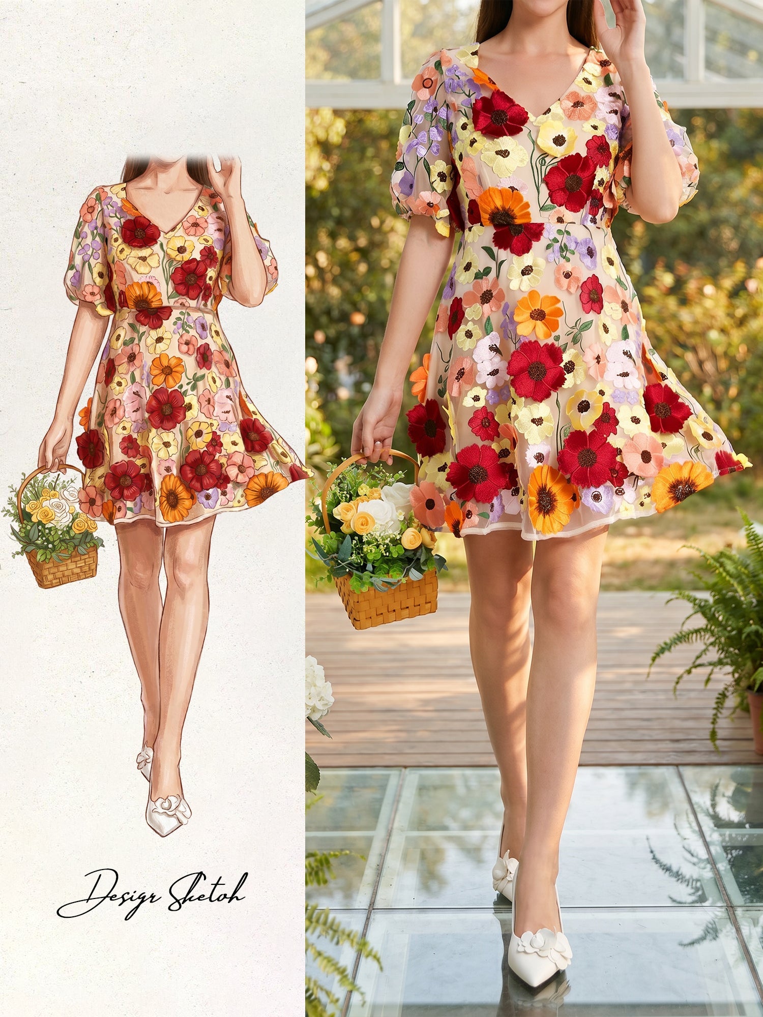 Flower Embroidered Puff Sleeves Mini A-Line Dress