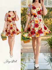 Flower Embroidered Puff Sleeves Mini A-Line Dress