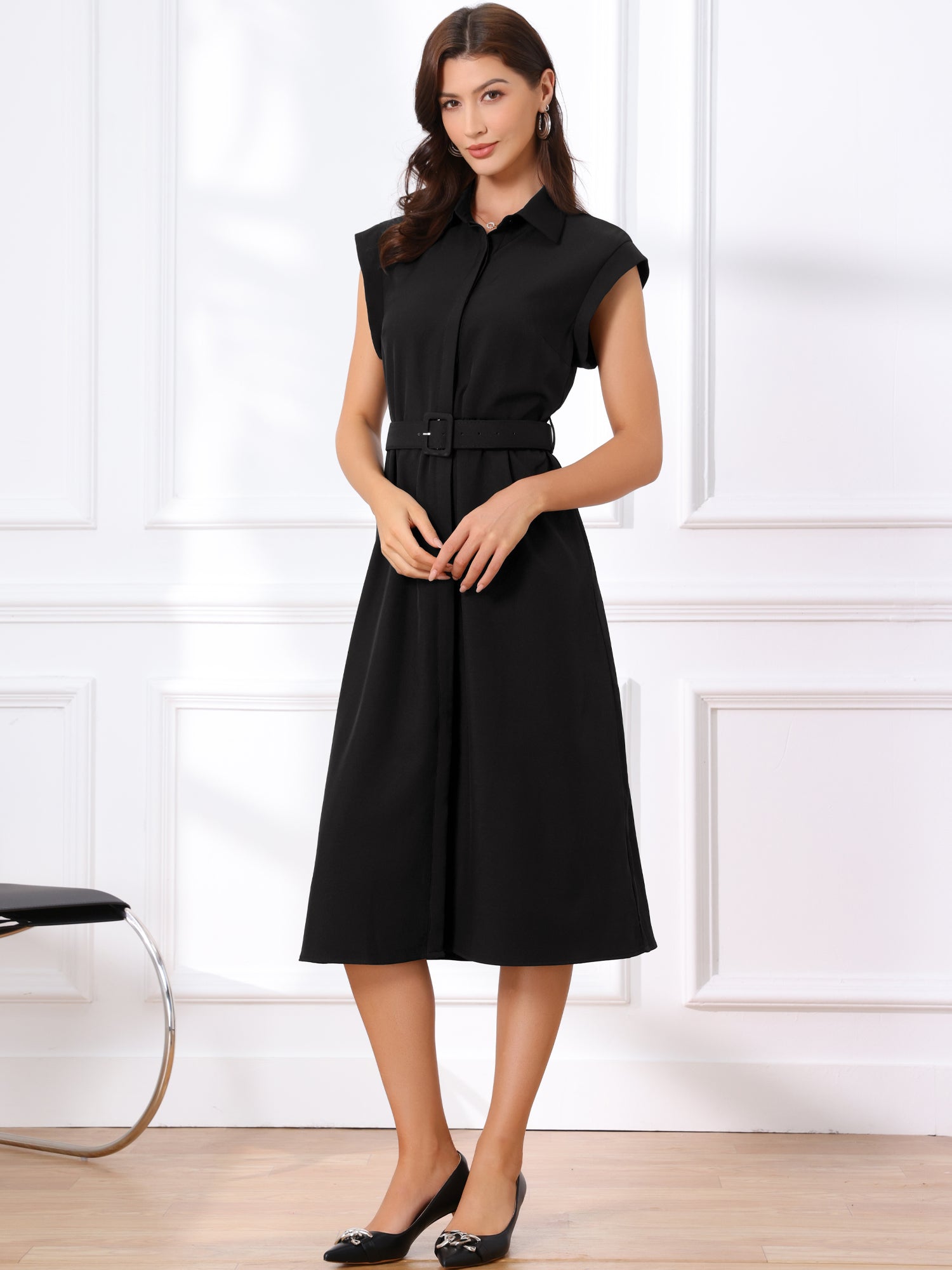Cap Sleeves Collared Button Down Belted Midi Work Dress