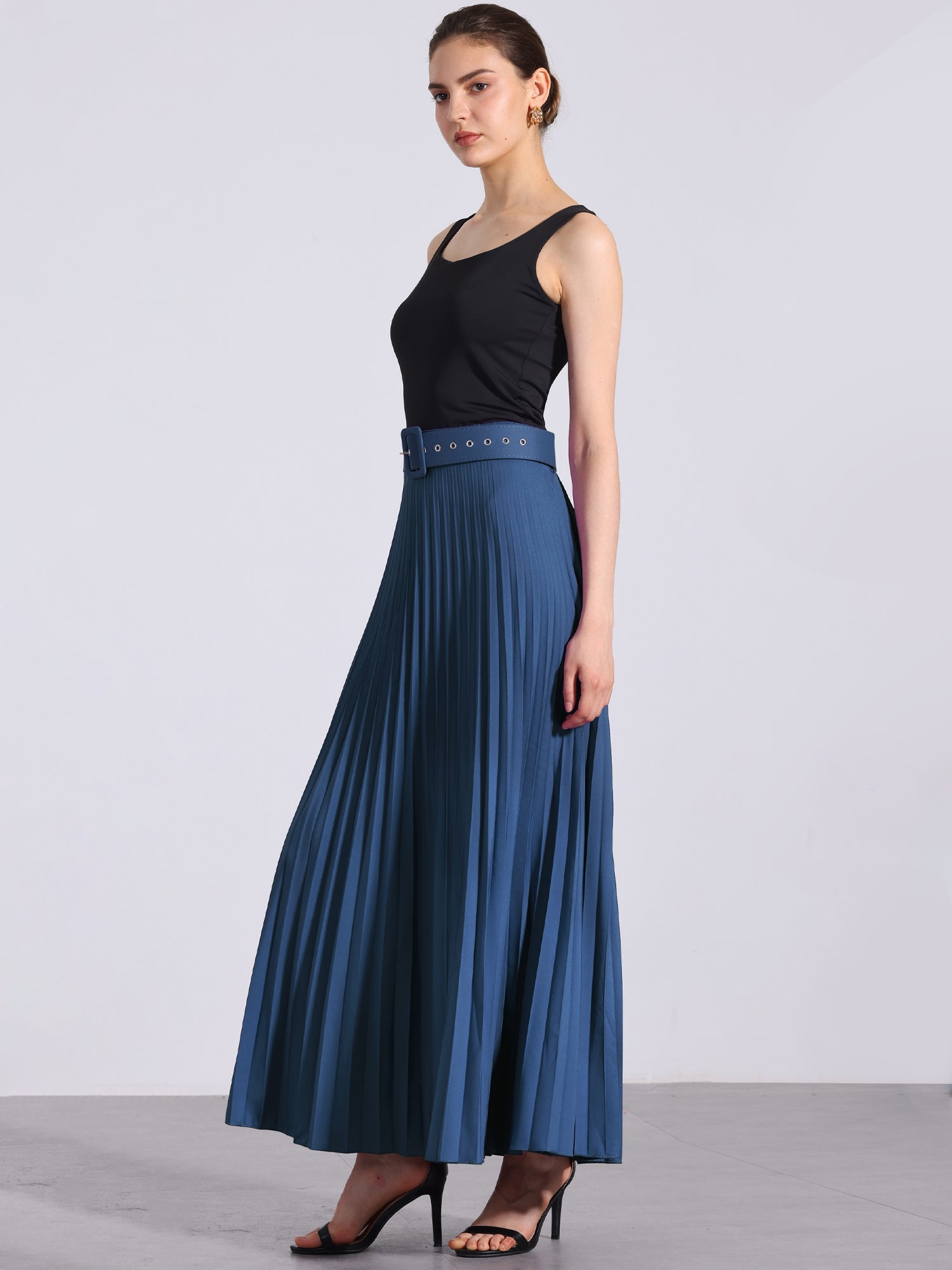 Flowy Pleated Elastic High Waist Belted Swing A-line Maxi Skirt