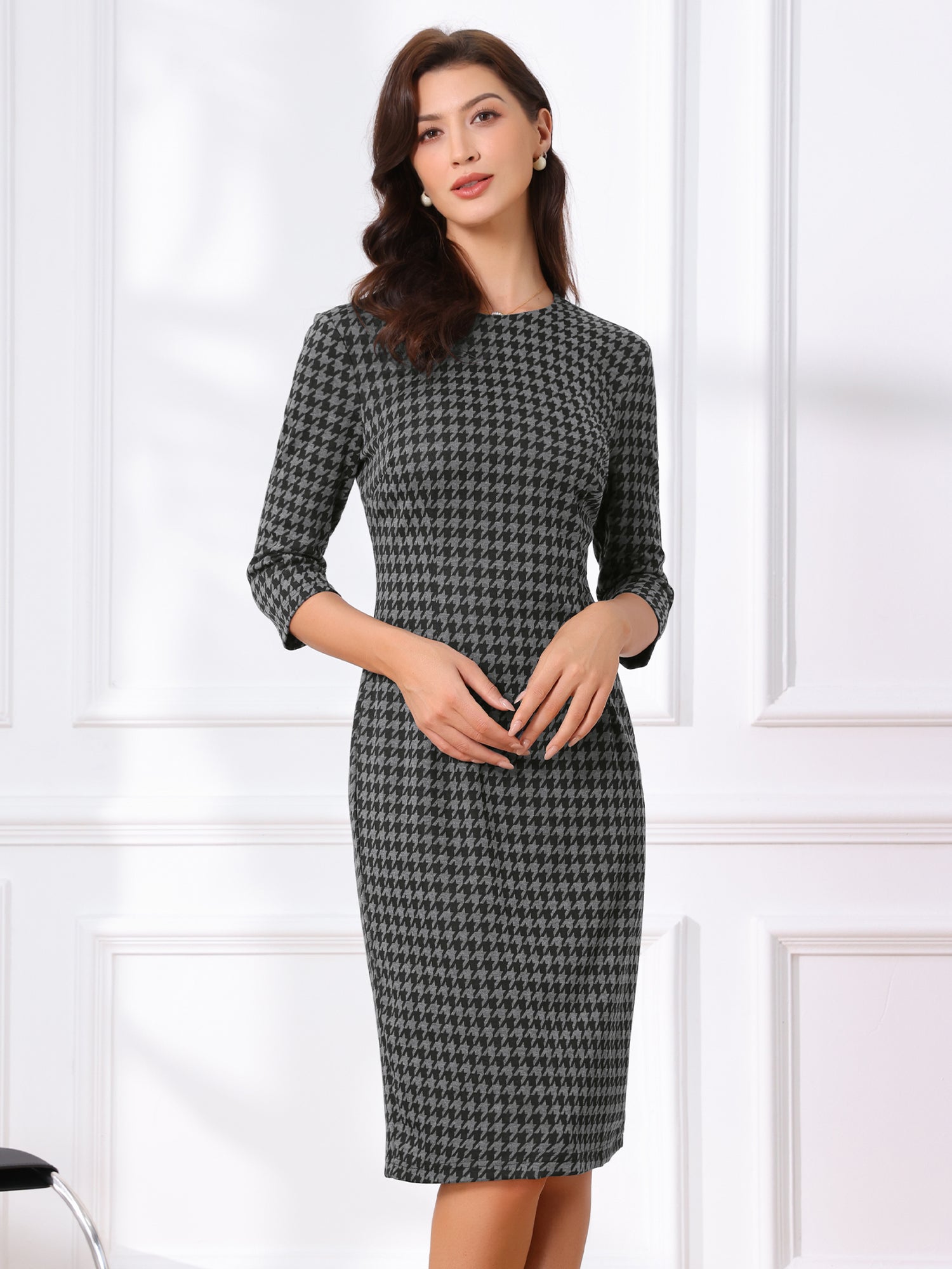 Houndstooth 3/4 Sleeve Elegant Cinched Waist Sheath Dress
