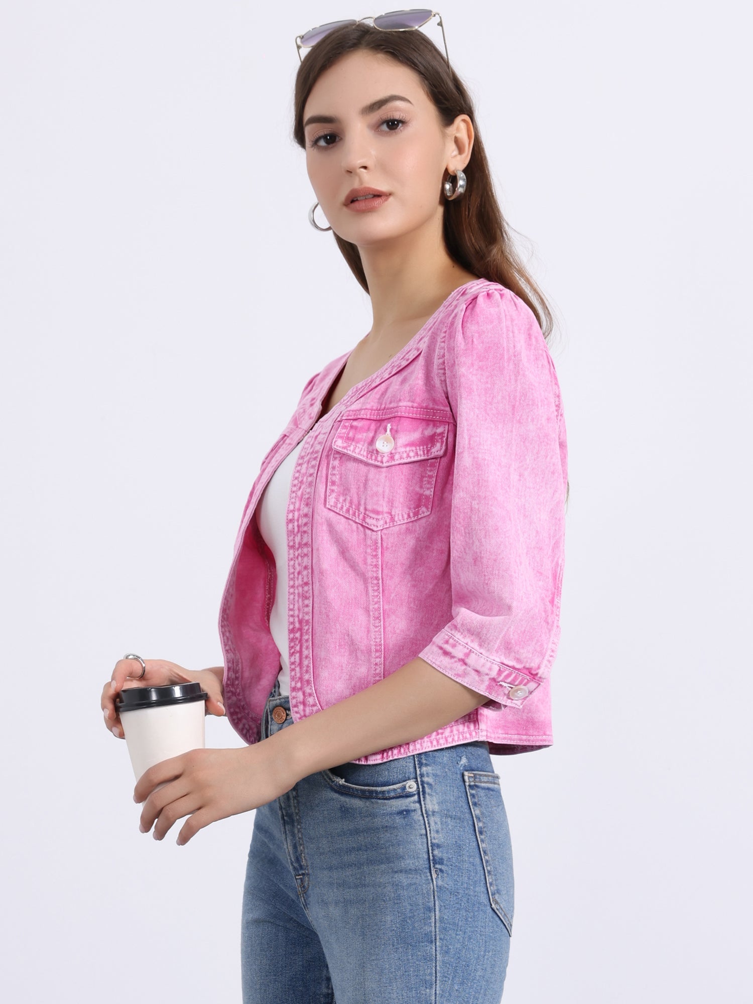 Denim Collarless Pockets 3/4 Sleeve Feminine Style Jacket