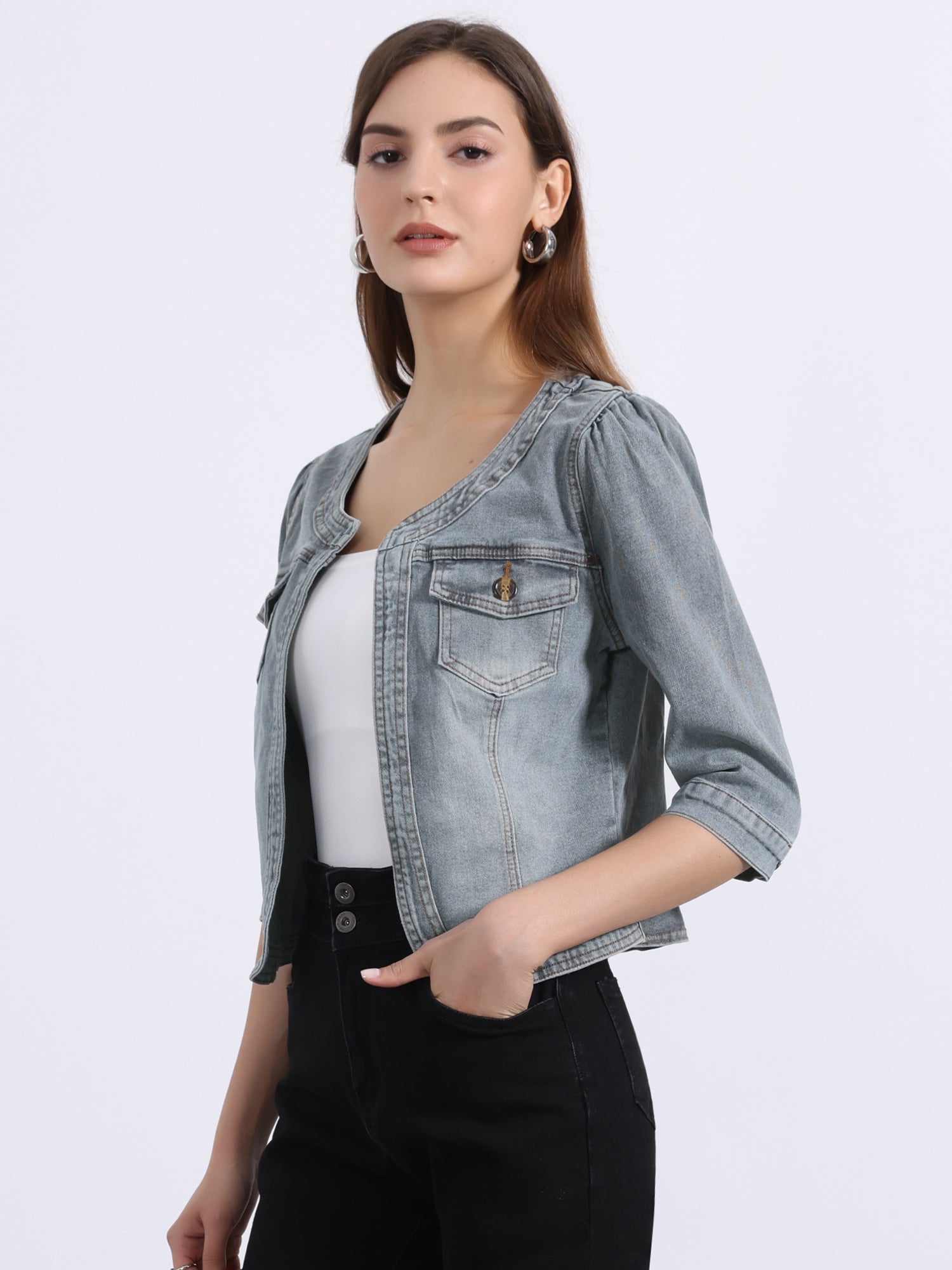 Denim Collarless Pockets 3/4 Sleeve Feminine Style Jacket