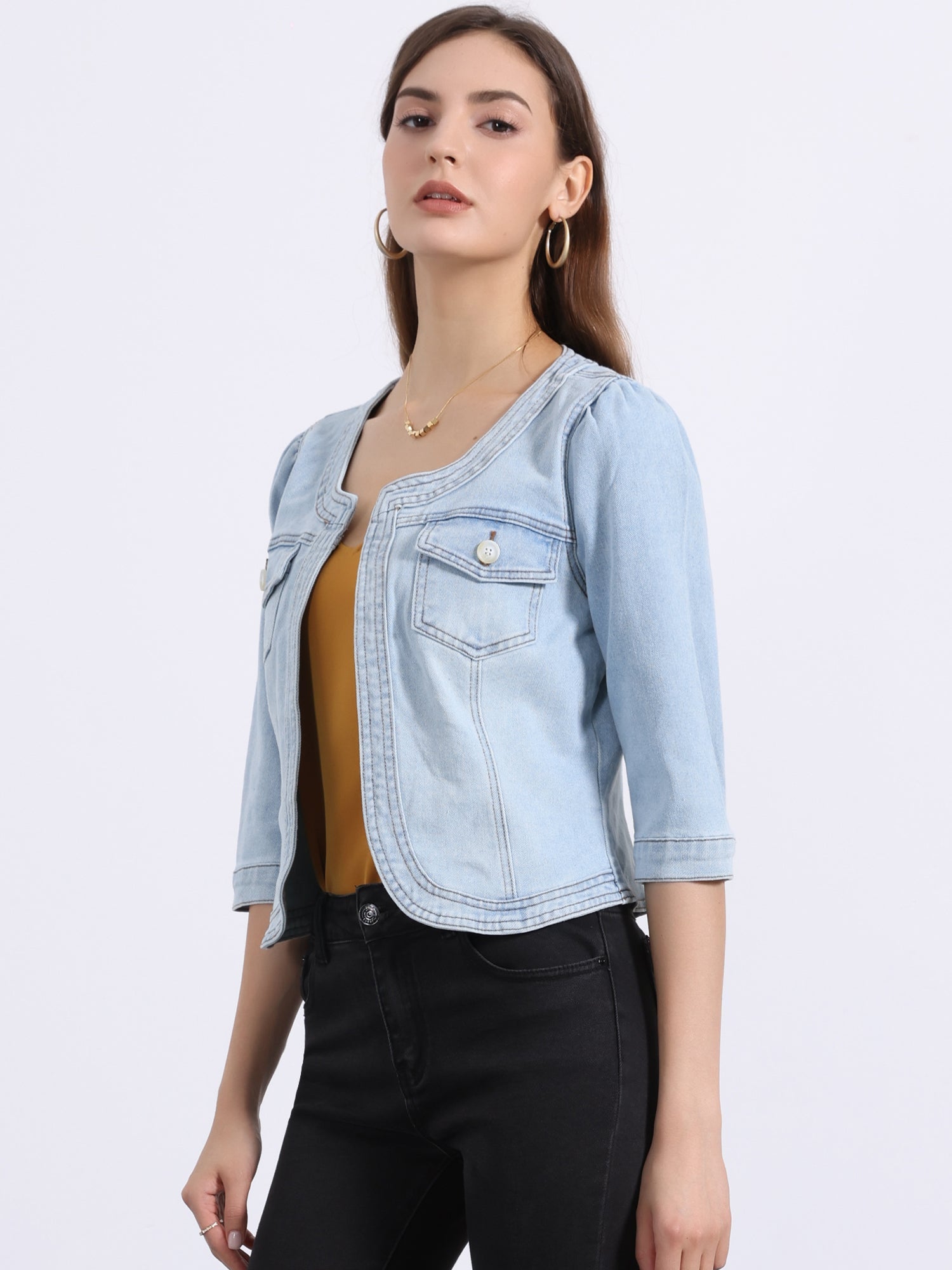 Denim Collarless Pockets 3/4 Sleeve Feminine Style Jacket