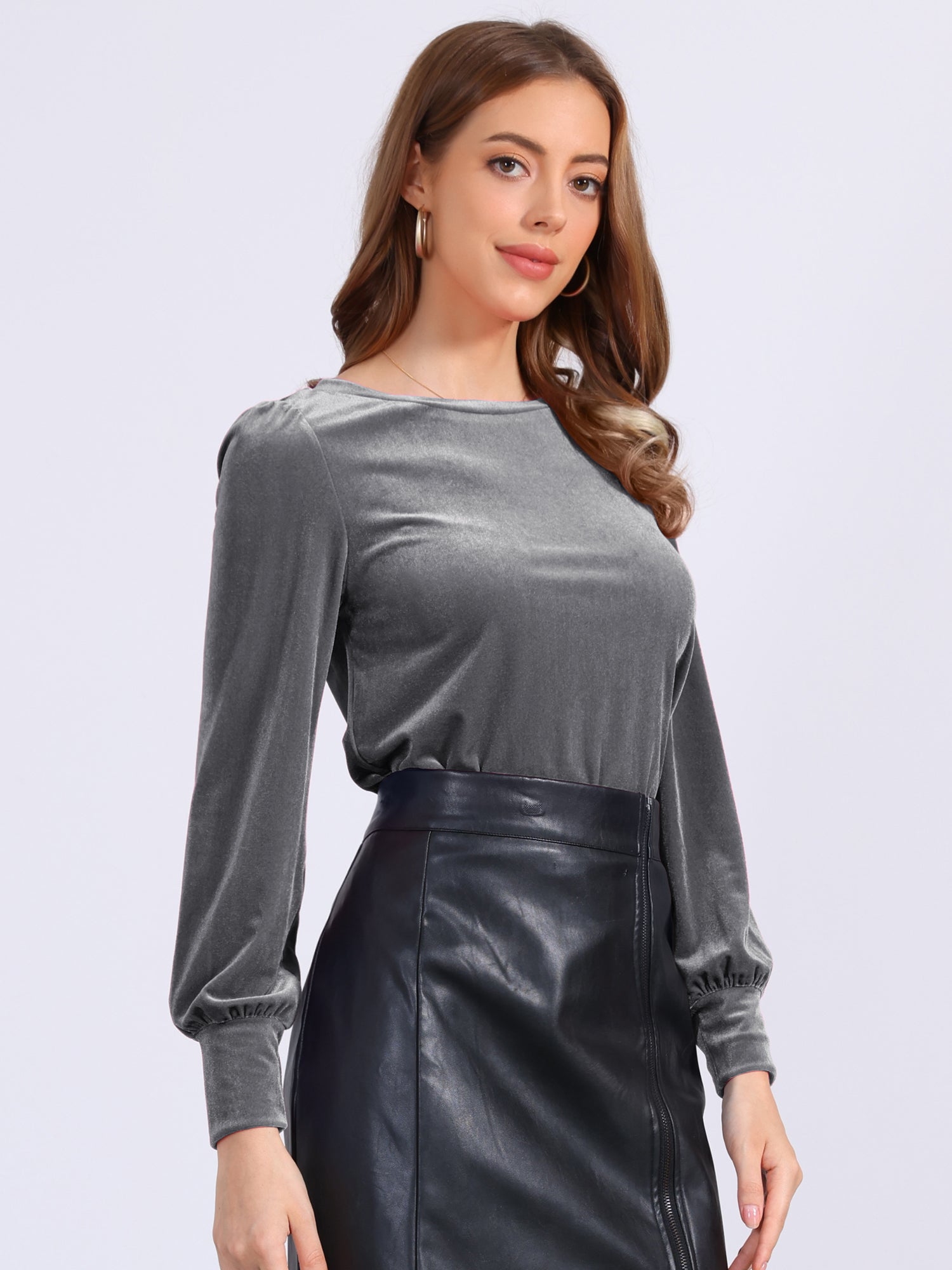 Velvet Round Neck Puff Long Sleeve Casual Pullover Blouse
