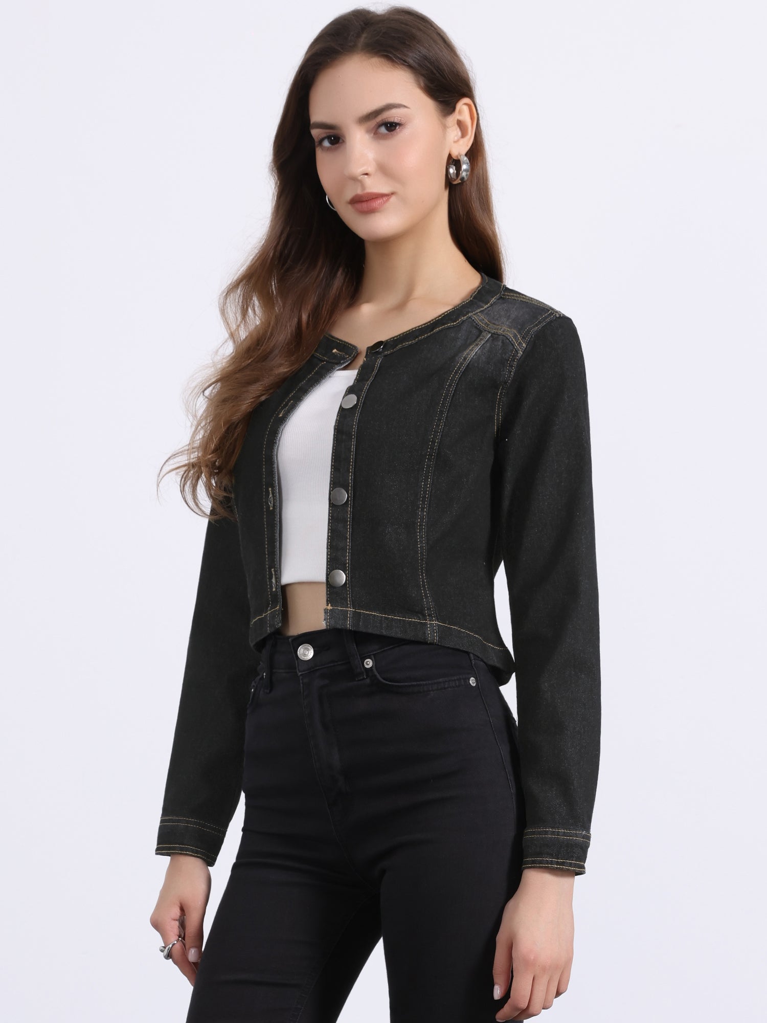 Denim Collarless Long Sleeve Button Down Crop Jean Jacket