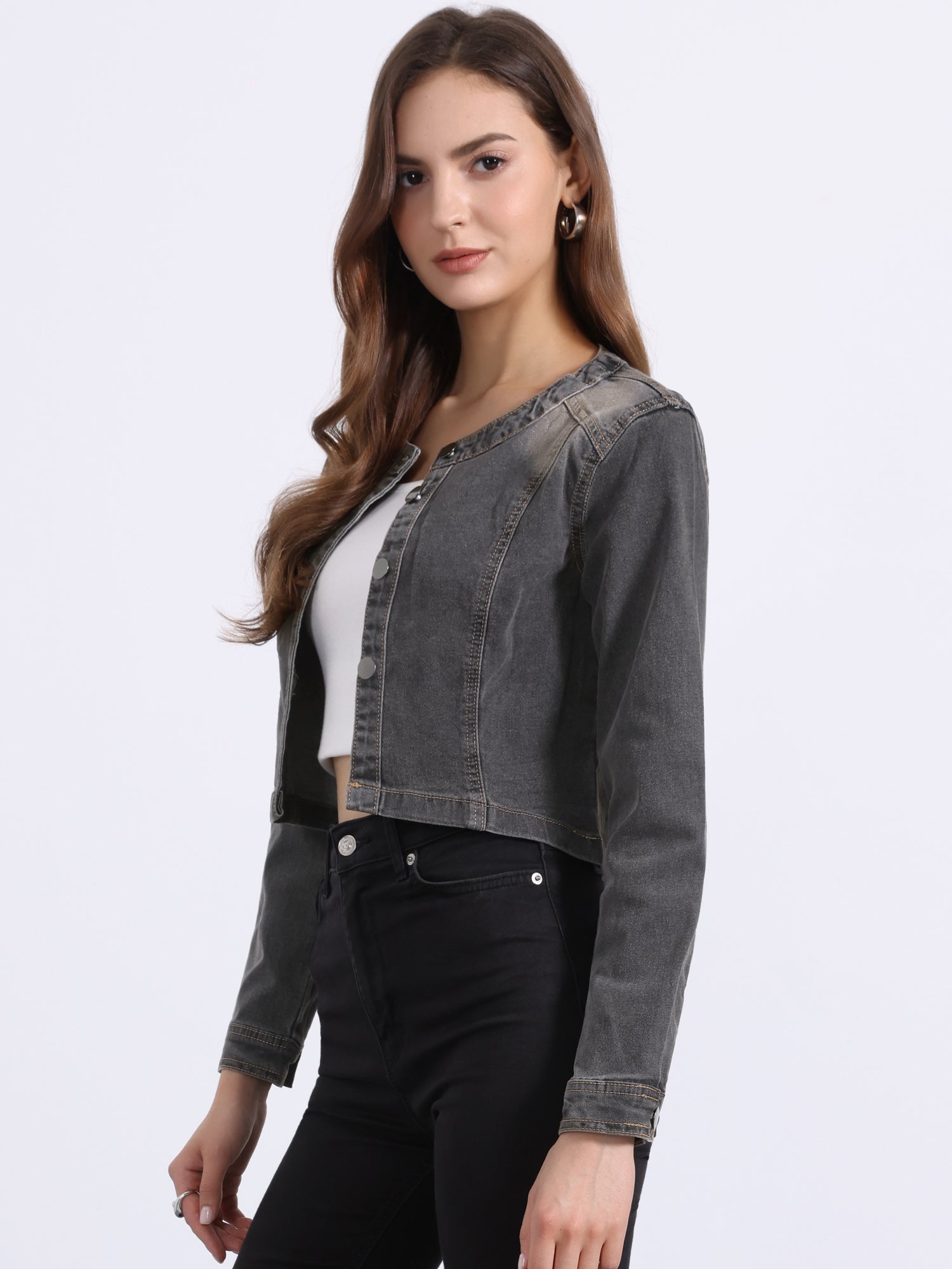 Denim Collarless Long Sleeve Button Down Crop Jean Jacket