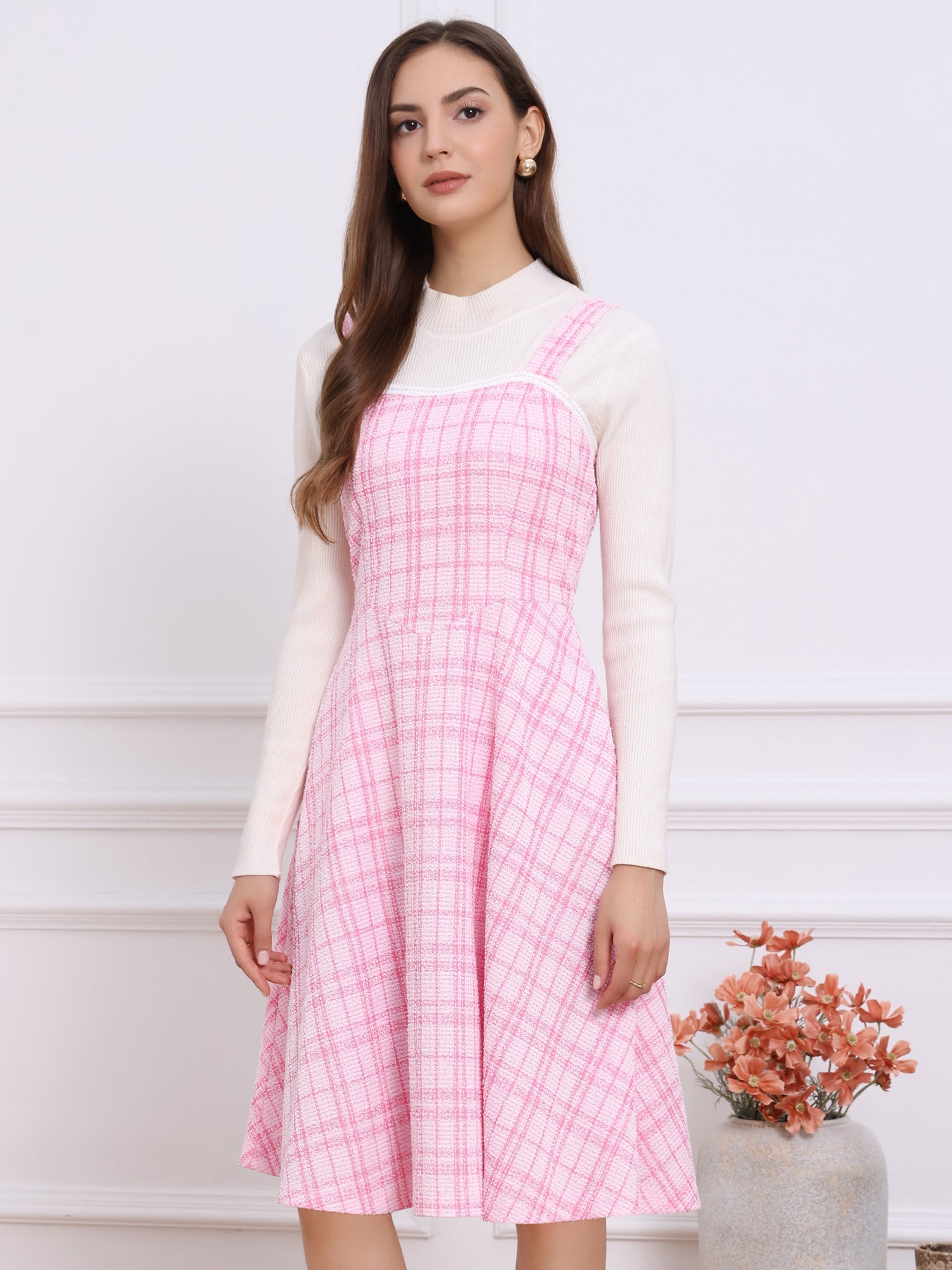 Tweed Plaid Sleeveless Pockets A-Line Pinafore Overall Dress