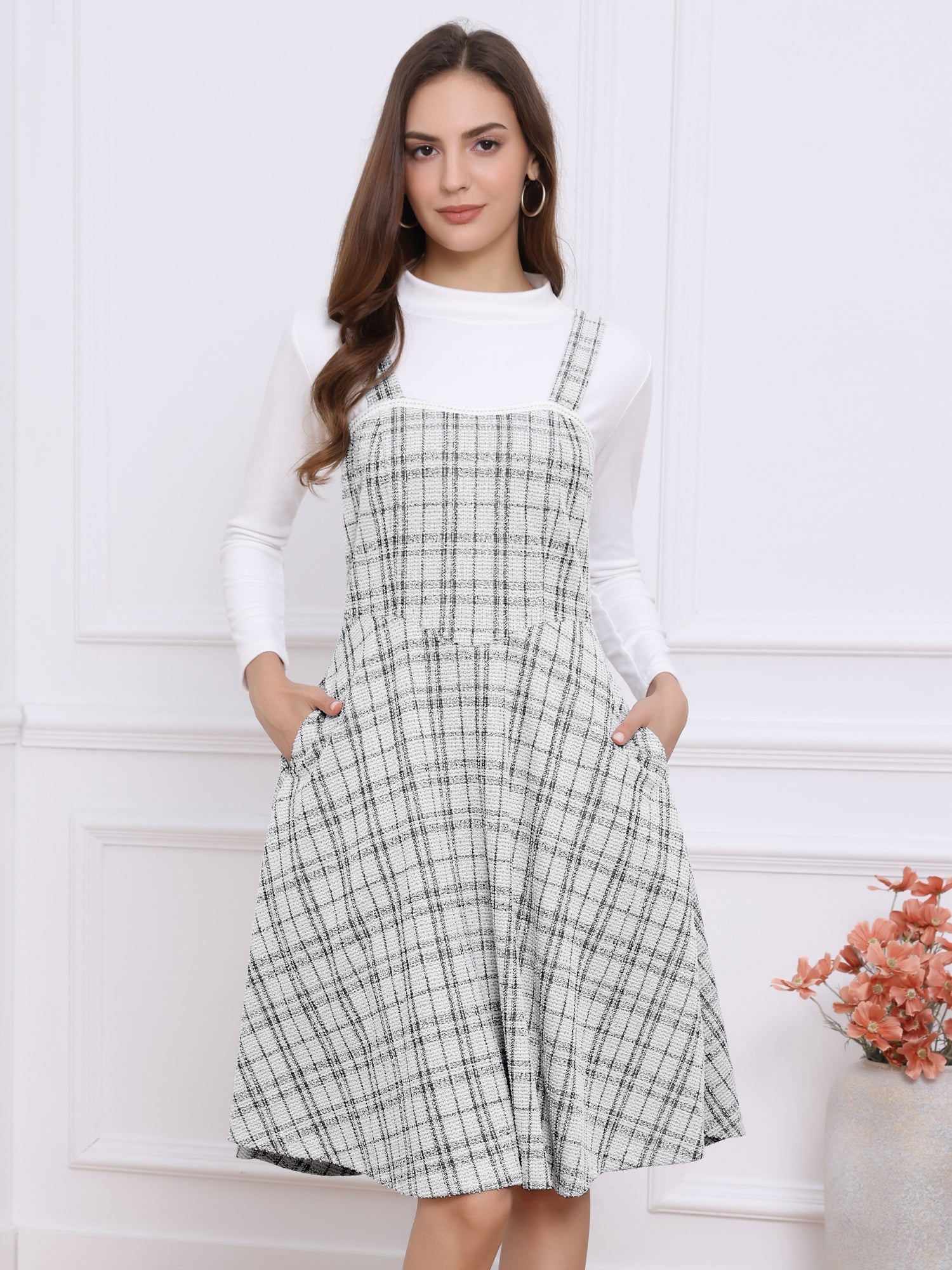 Tweed Plaid Sleeveless Pockets A-Line Pinafore Overall Dress