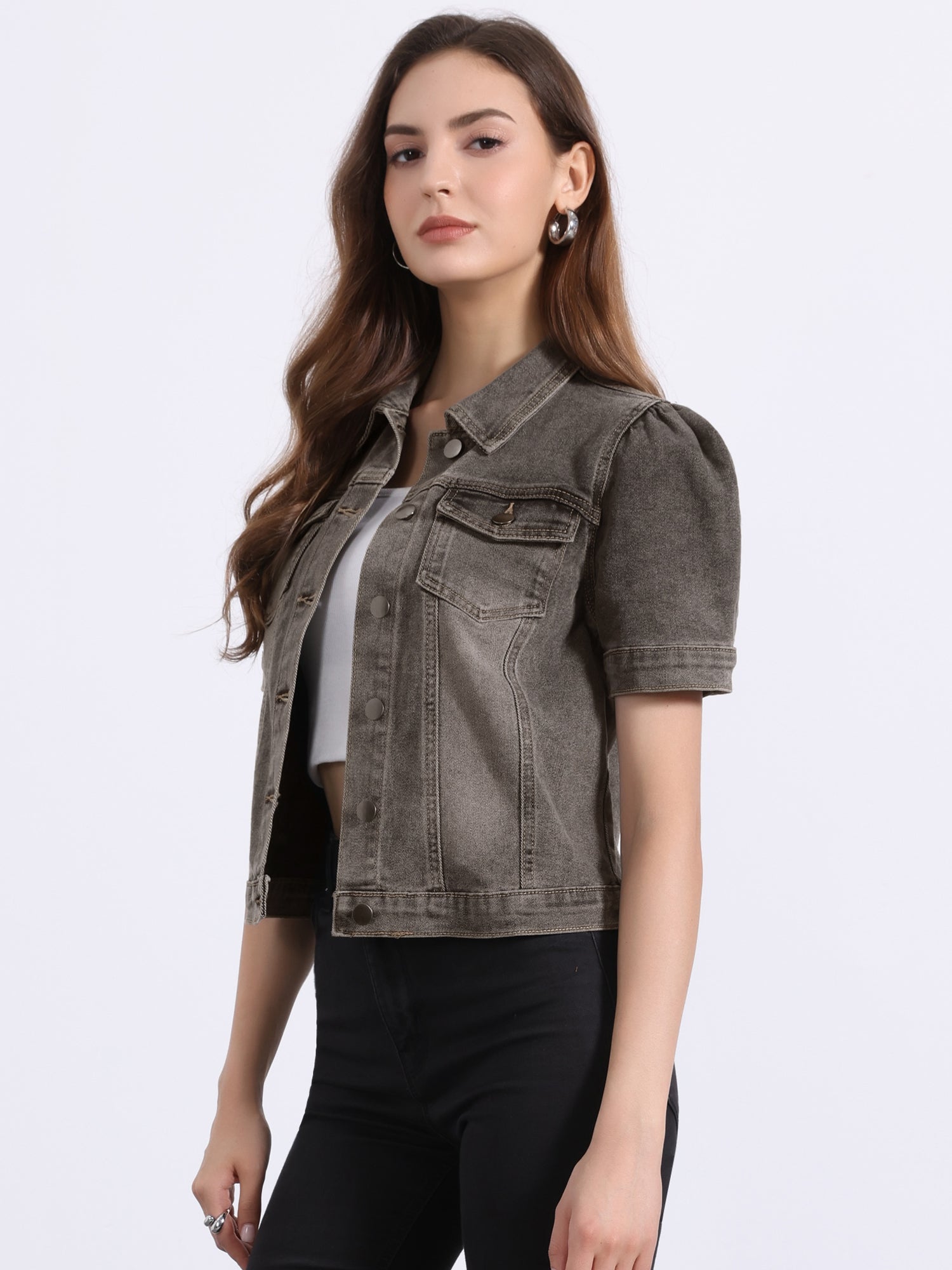 Casual Short Puff Sleeves Button-Down Jean Denim Jacket
