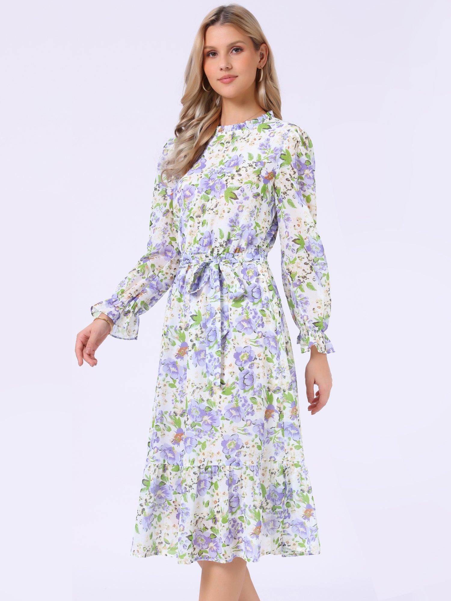 Floral Long Sleeve Belted Flowy Chiffon Midi Dress