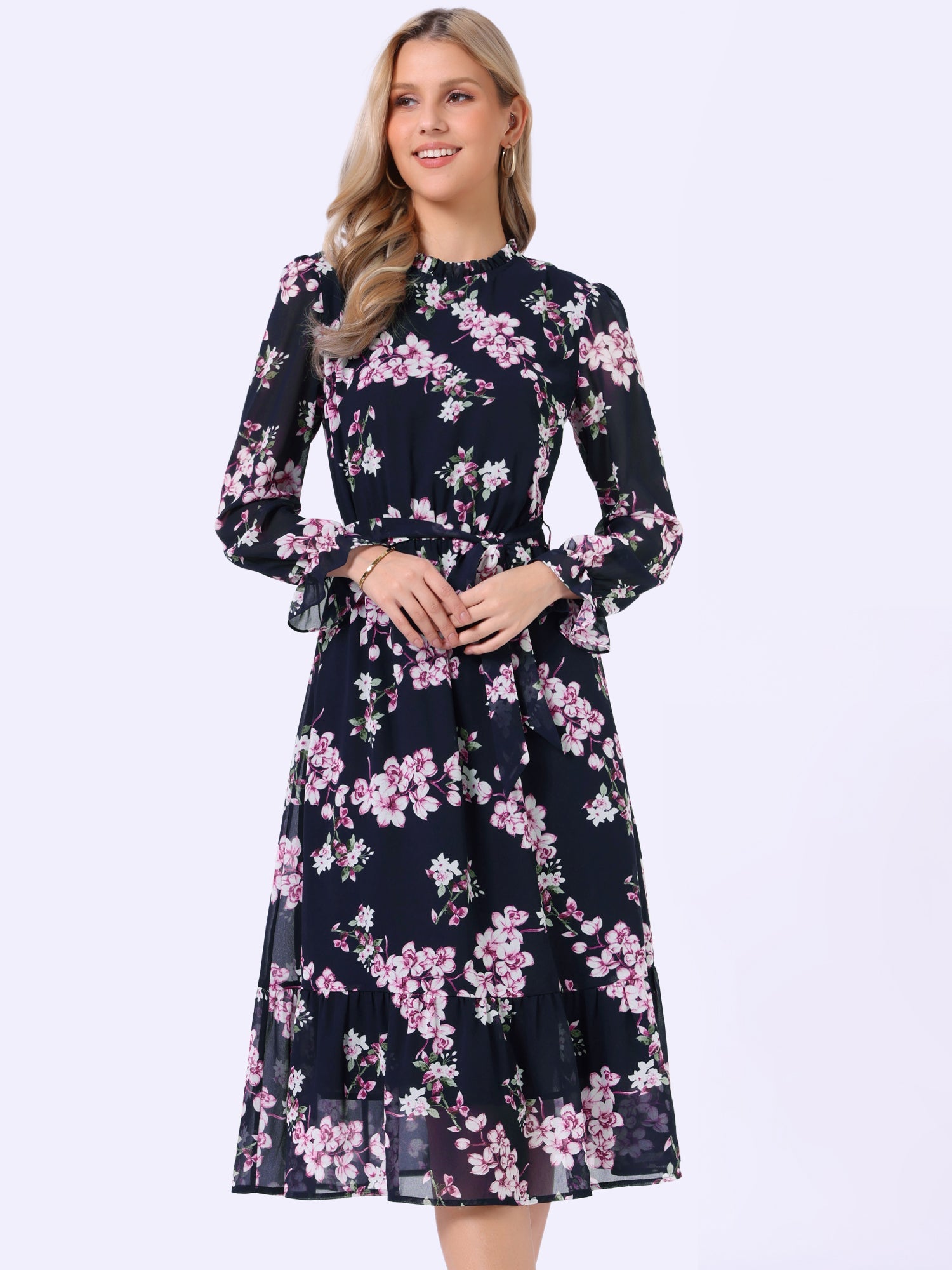 Floral Long Sleeve Belted Flowy Chiffon Midi Dress