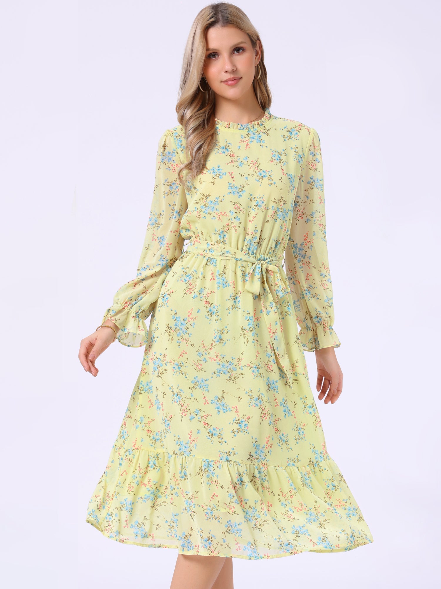 Floral Long Sleeve Belted Flowy Chiffon Midi Dress