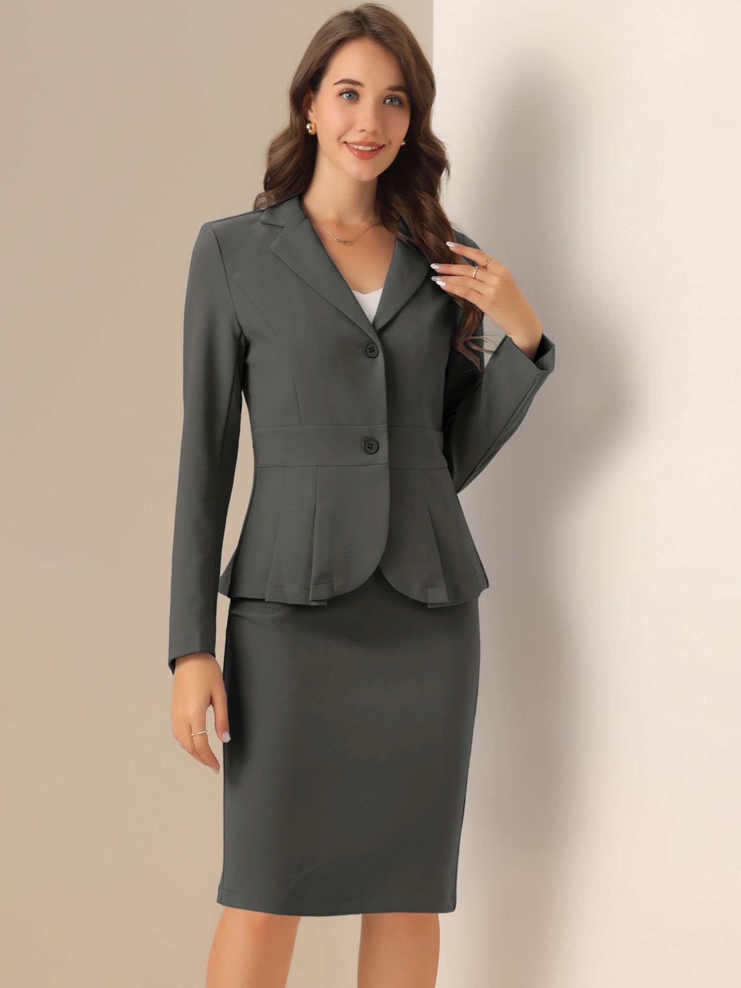 Long Sleeve Notched Lapel Peplum Blazer Pencil Skirt 2 Piece Set