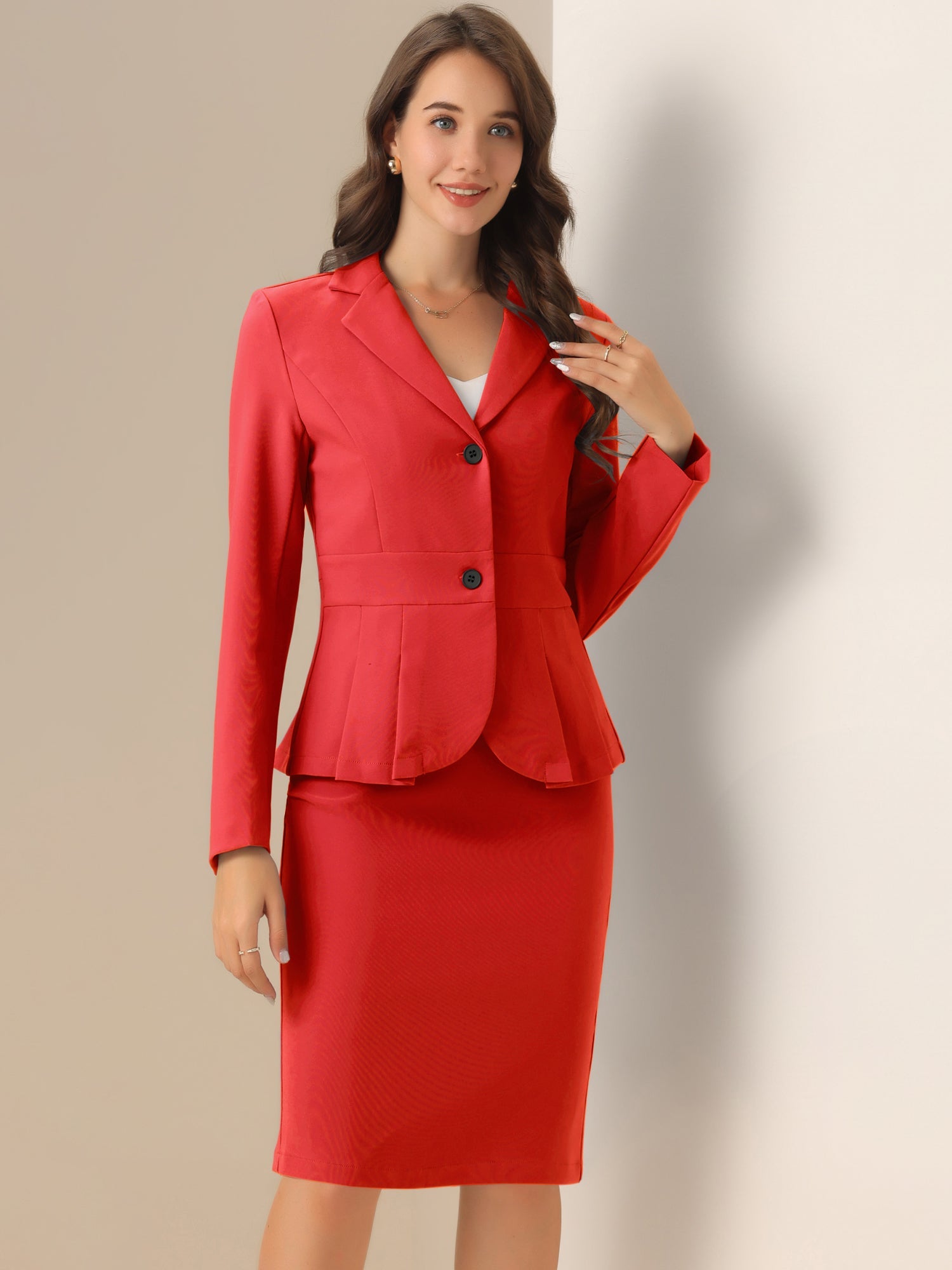Long Sleeve Notched Lapel Peplum Blazer Pencil Skirt 2 Piece Set