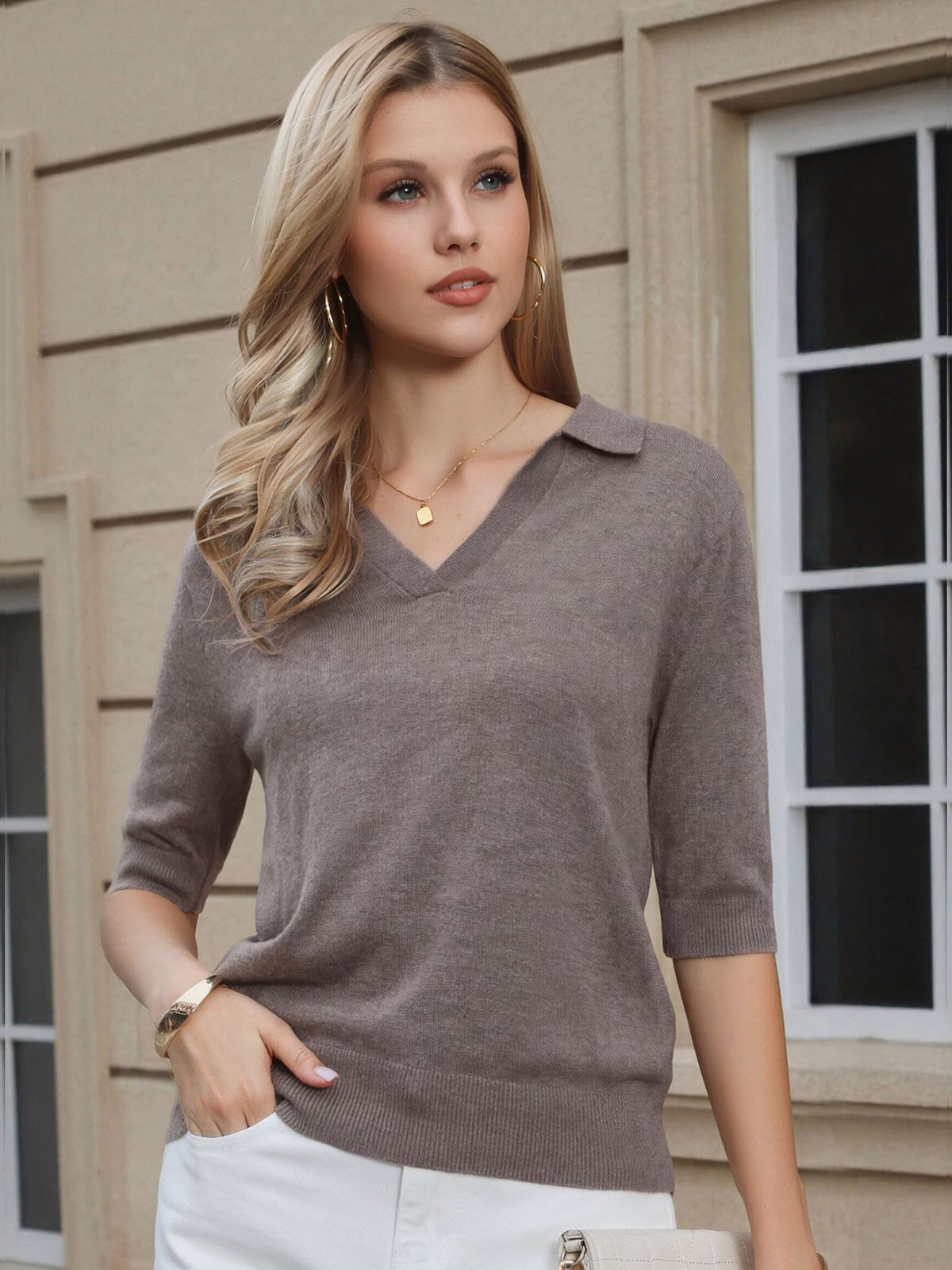 Short Sleeve Polo Neck Knitted Casual Top
