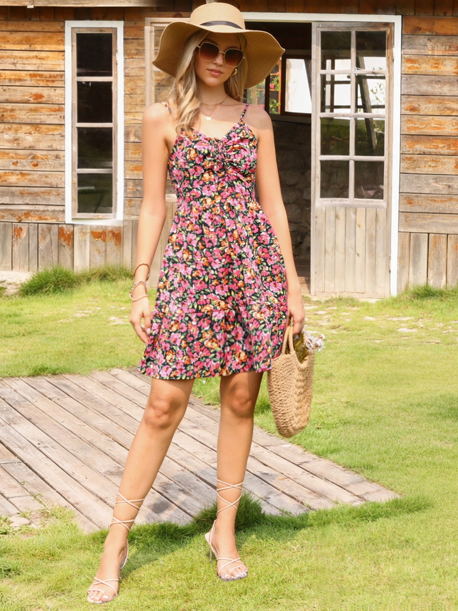 Spaghetti Straps Smocked A-Line Mini Floral Dress Sundress