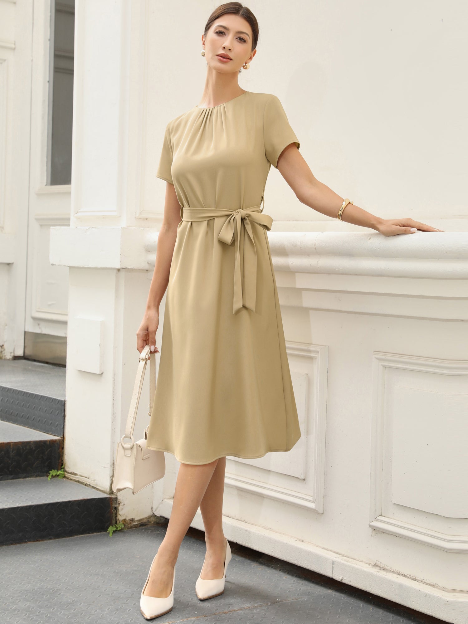 Work Casual Short Sleeve Ruched Crew Neck A-Line Belted Dress