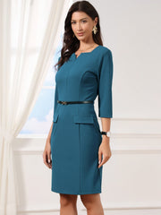 3/4 Sleeve Notch Neck Belted Business Office Sheath Dress