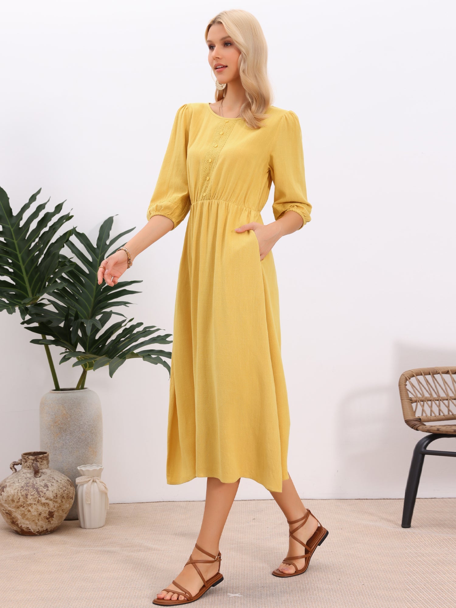 Round Neck Puff 3/4 Sleeve Pockets Eyelet Detail Boho Midi Dress
