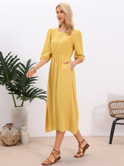 Round Neck Puff 3/4 Sleeve Pockets Eyelet Detail Boho Midi Dress
