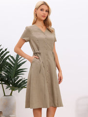 Button Down V Neck Short Sleeve Pockets Lace-Up Midi Dress
