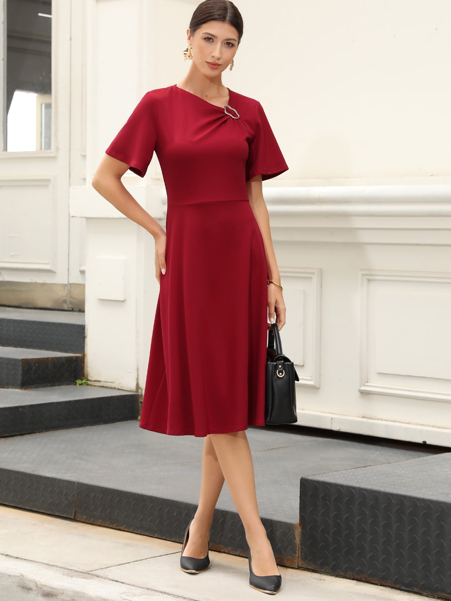 Work Short Sleeve A-Line Business Casual Midi Dress
