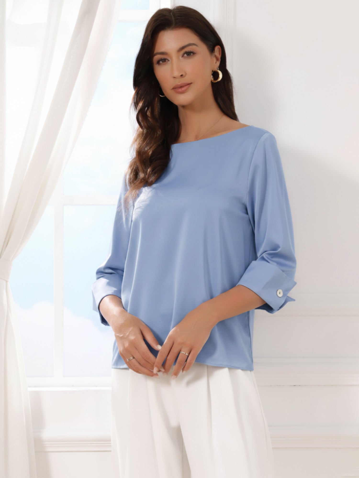 Dressy Casual Boat Neck 3/4 Sleeve Work Satin Blouse