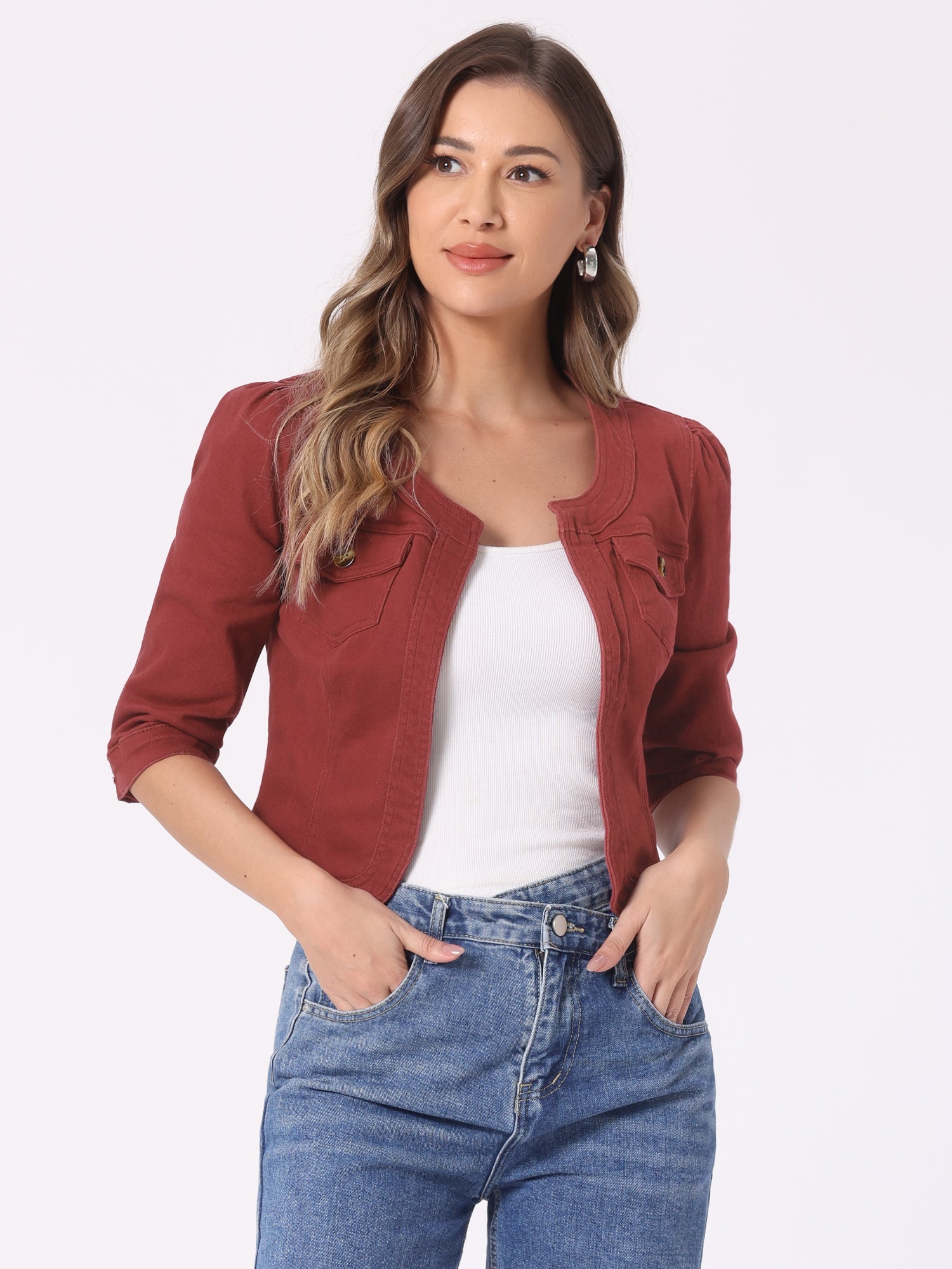Denim Collarless Pockets 3/4 Sleeve Feminine Style Jacket